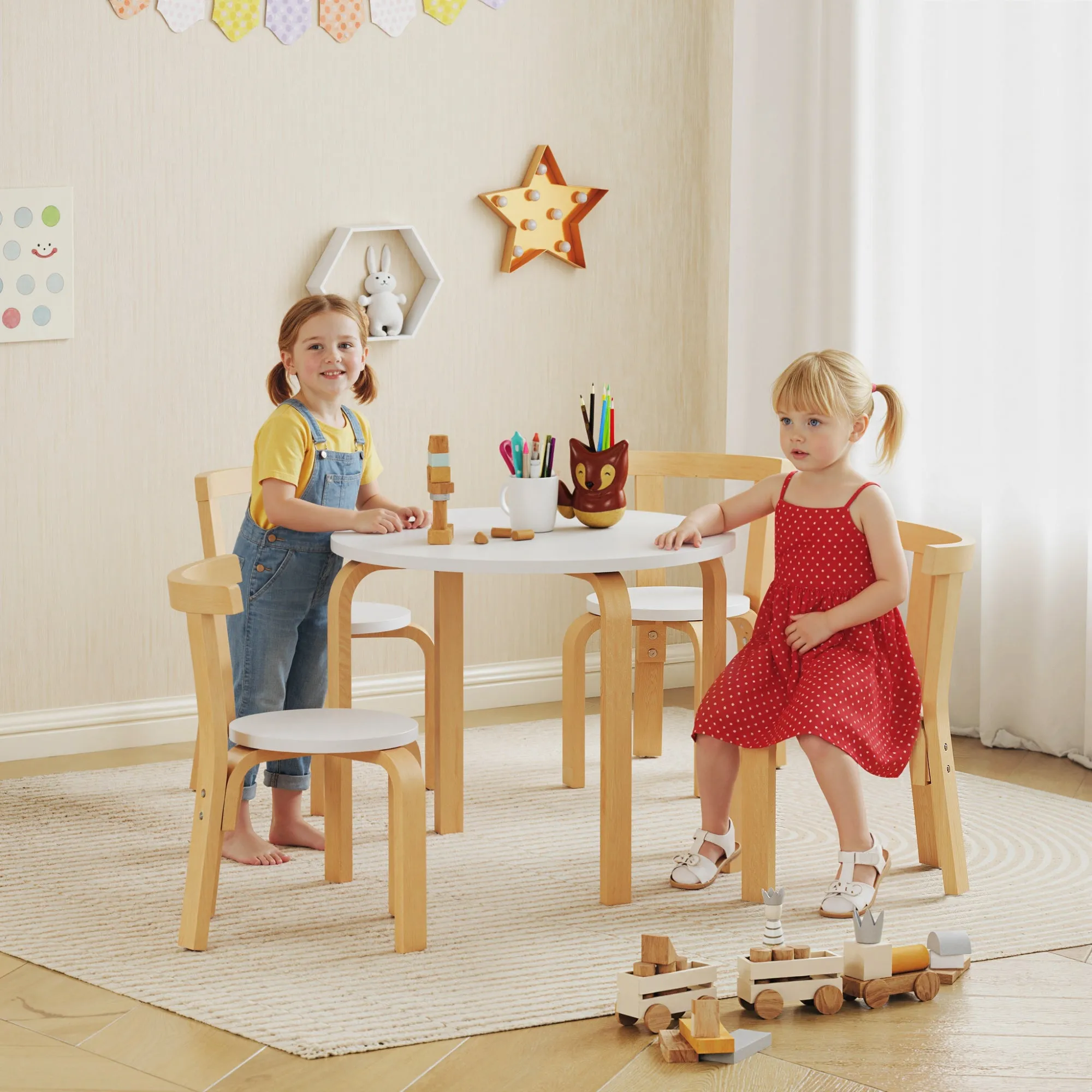 5-Piece Wooden Table and Chair Set for Children Ages 3-8 with Rounded Edges in White - Image 2