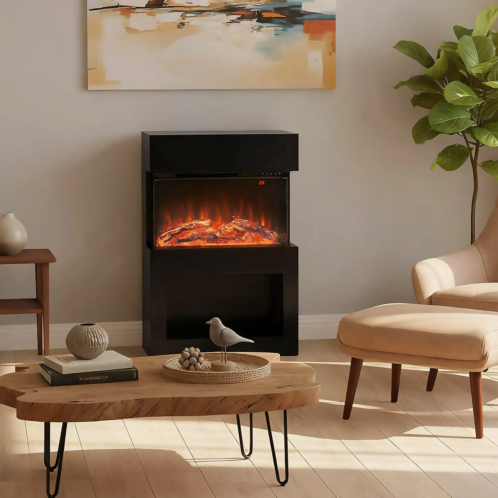 Electric Fireplace with 3D Colorful Flame Effect, 1000W/2000W with Adjustable Temperature and Remote Control, Black - Image 2