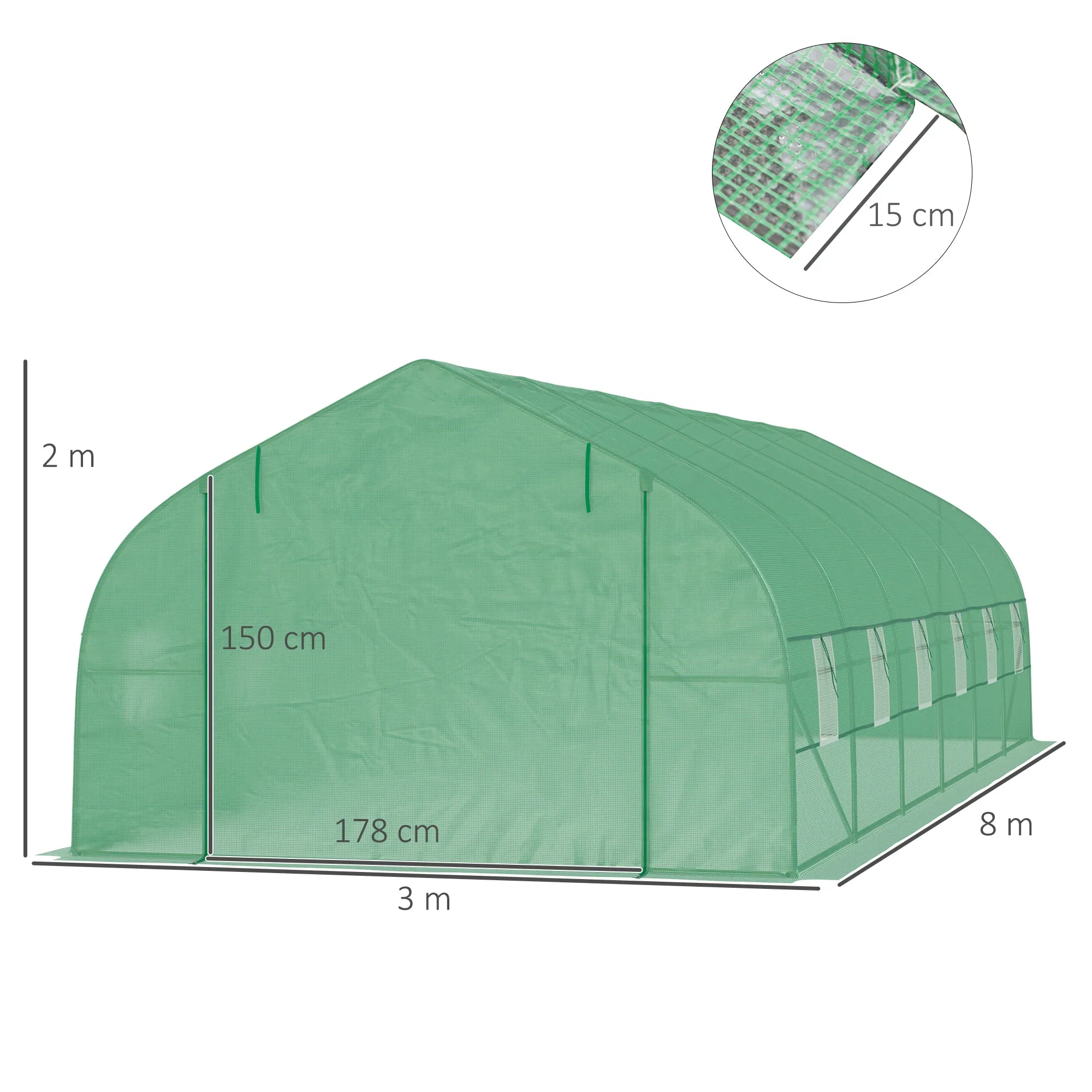 8x3x2m PE and Steel Tunnel Greenhouse with Roll-Up Door and Windows, Green - Image 3