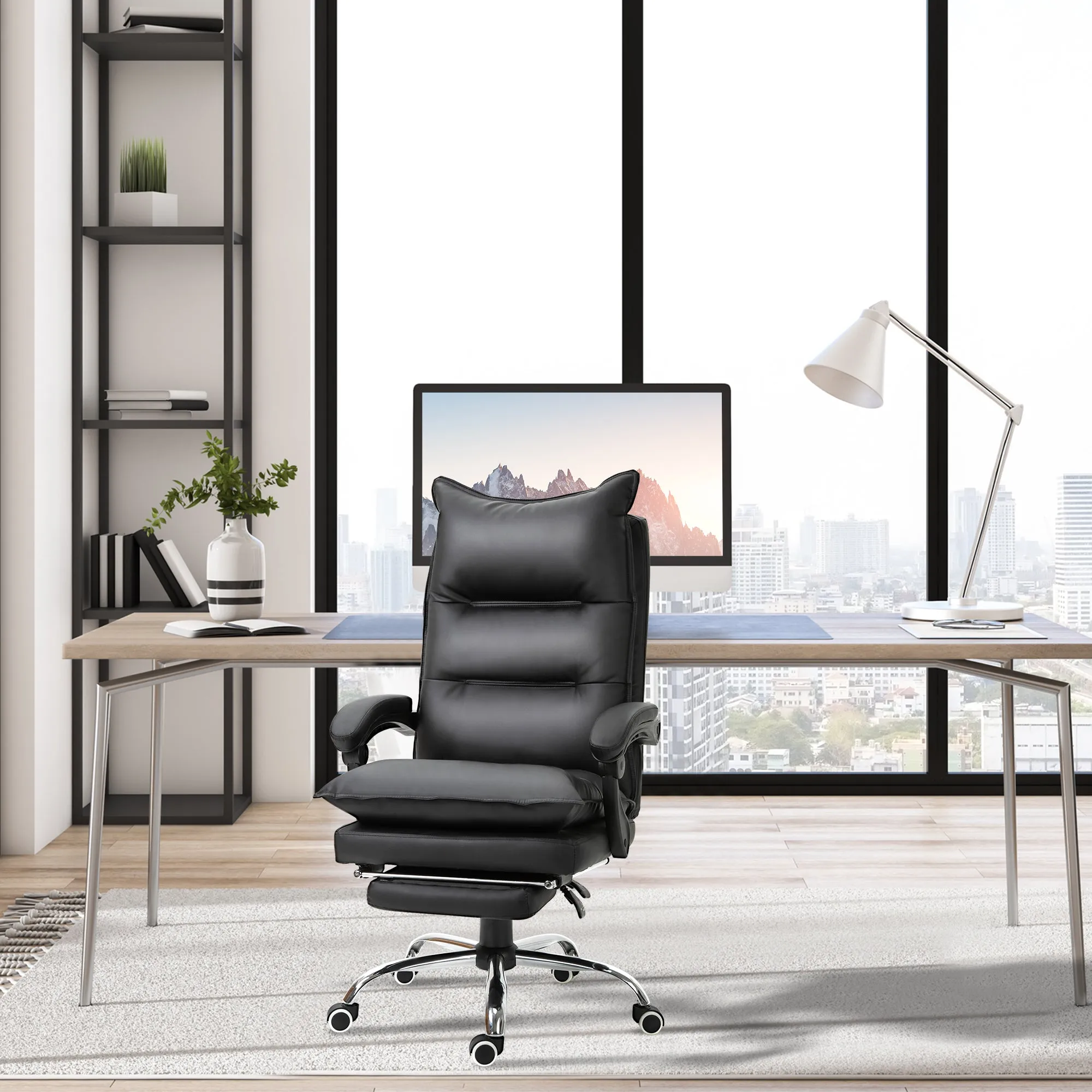 Black Faux Leather Office Chair, Height-Adjustable Executive Chair with 155° Reclining High Back and Footrest - Image 2