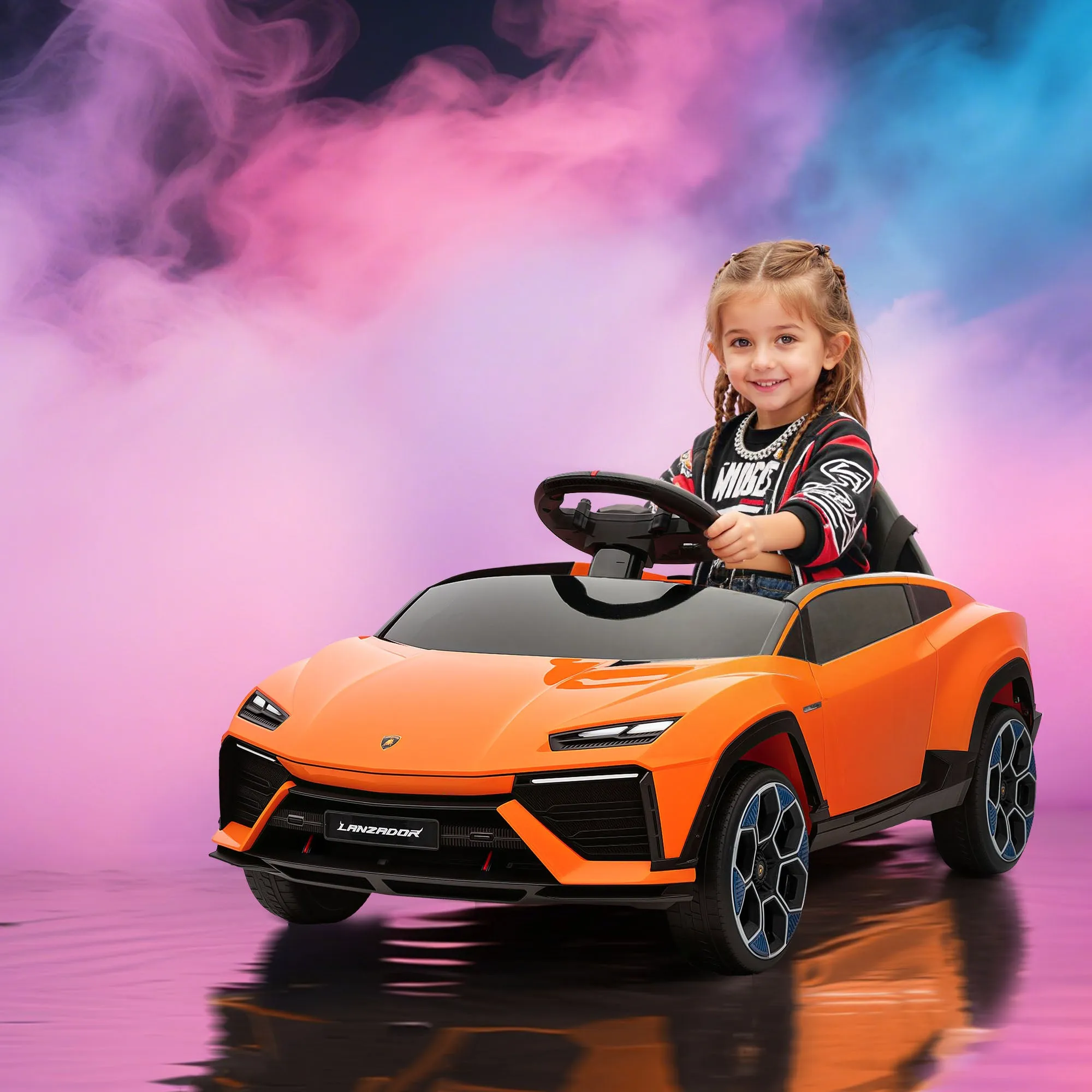Electric Ride-On Car for Kids with Horn and Remote Control, MP3 Player, USB/AUX, LED Lights, Lamborghini License, Orange - Image 2