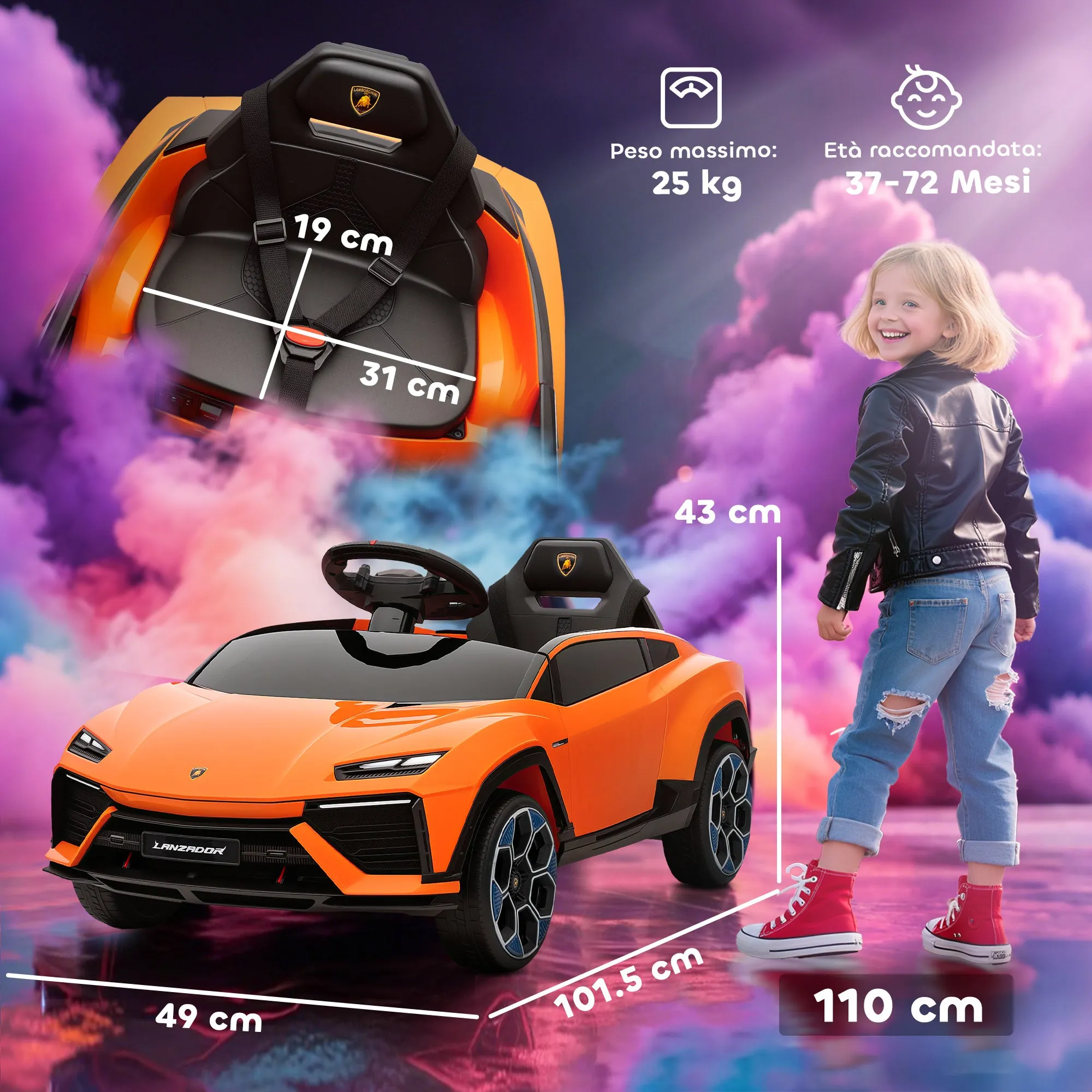 Electric Ride-On Car for Kids with Horn and Remote Control, MP3 Player, USB/AUX, LED Lights, Lamborghini License, Orange - Image 3