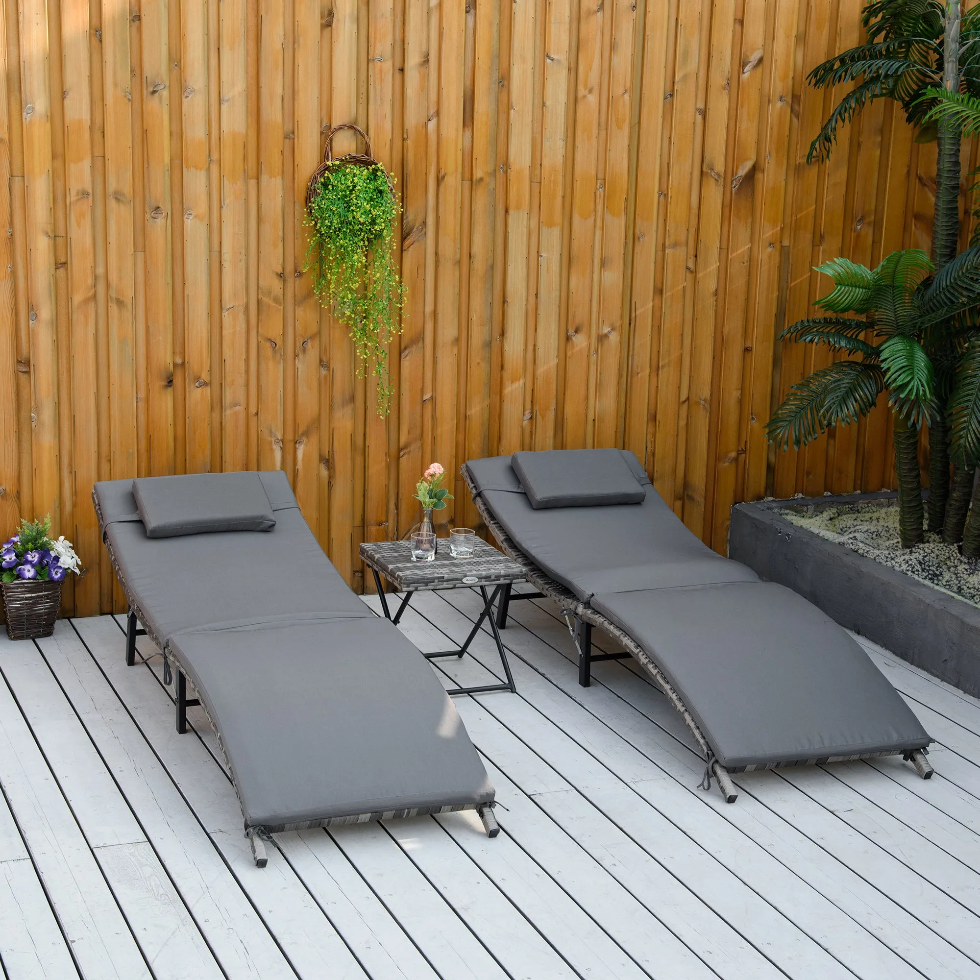 Folding Sun Loungers with Removable Cushions and Folding Table, 3-Piece Rattan Set, Grey - Image 2