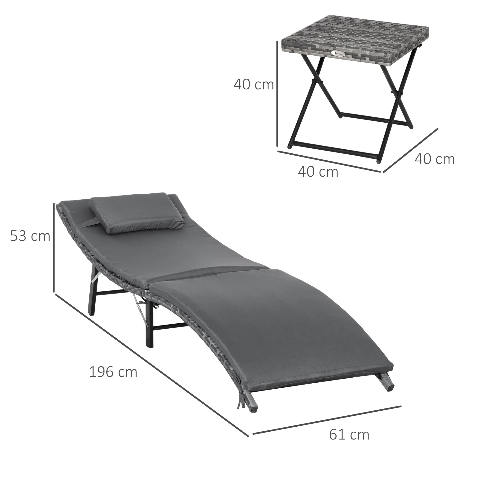 Folding Sun Loungers with Removable Cushions and Folding Table, 3-Piece Rattan Set, Grey - Image 3