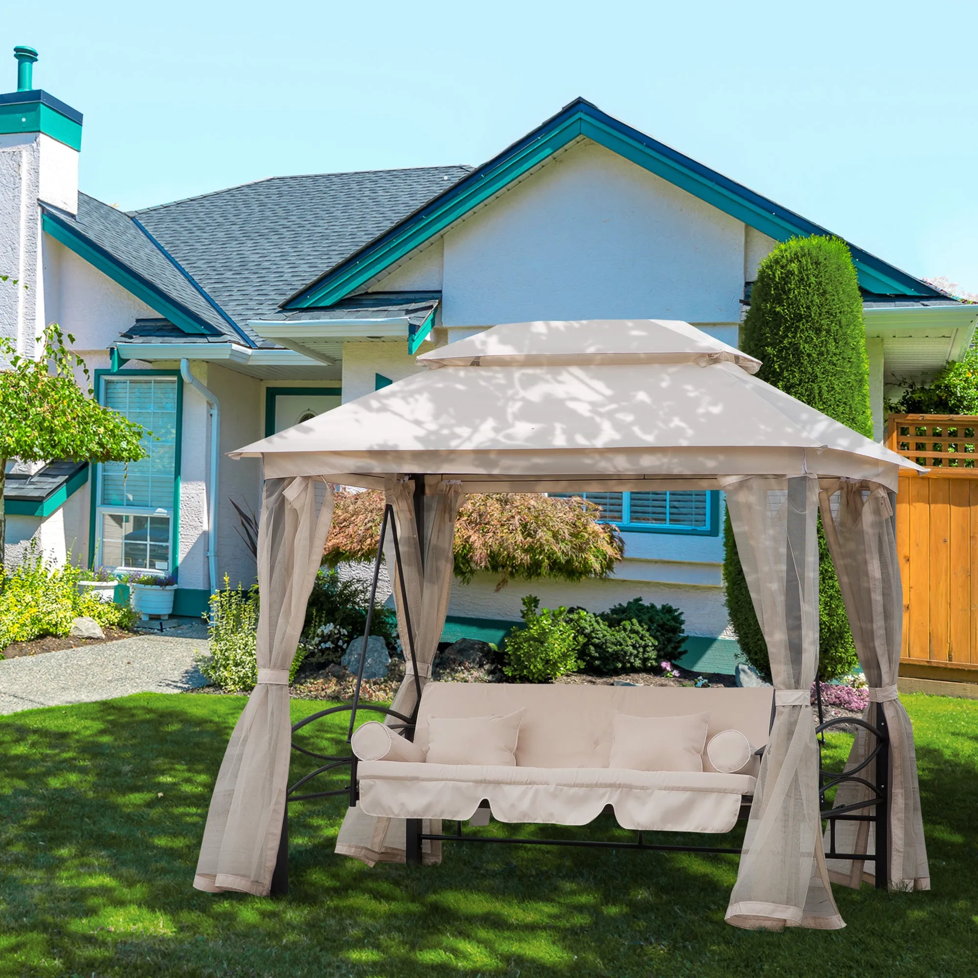 3-Seater Swing and Single Sun Lounger Gazebo Cover with Mosquito Net and Cushions 256x172x248cm Cream - Image 2