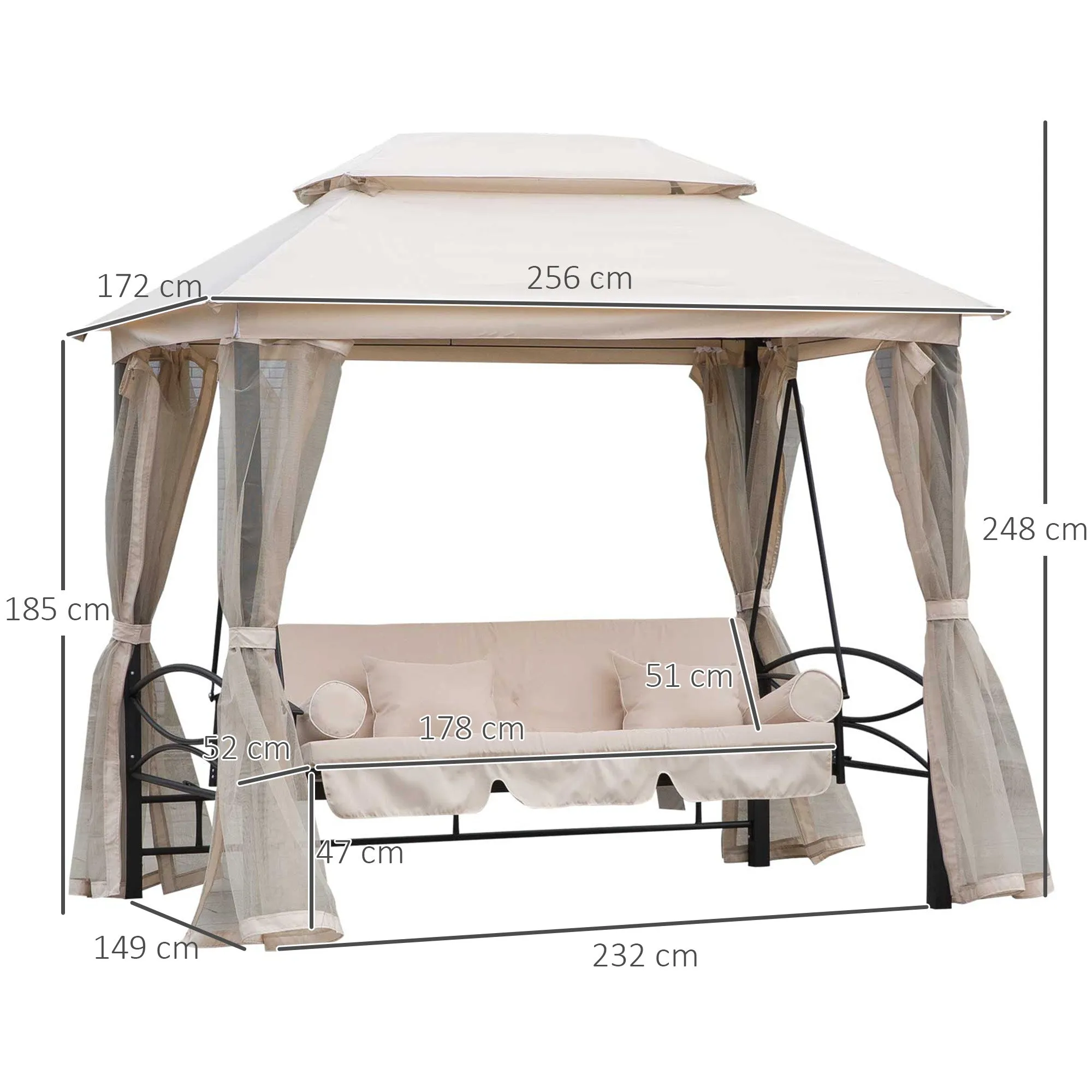 3-Seater Swing and Single Sun Lounger Gazebo Cover with Mosquito Net and Cushions 256x172x248cm Cream - Image 3