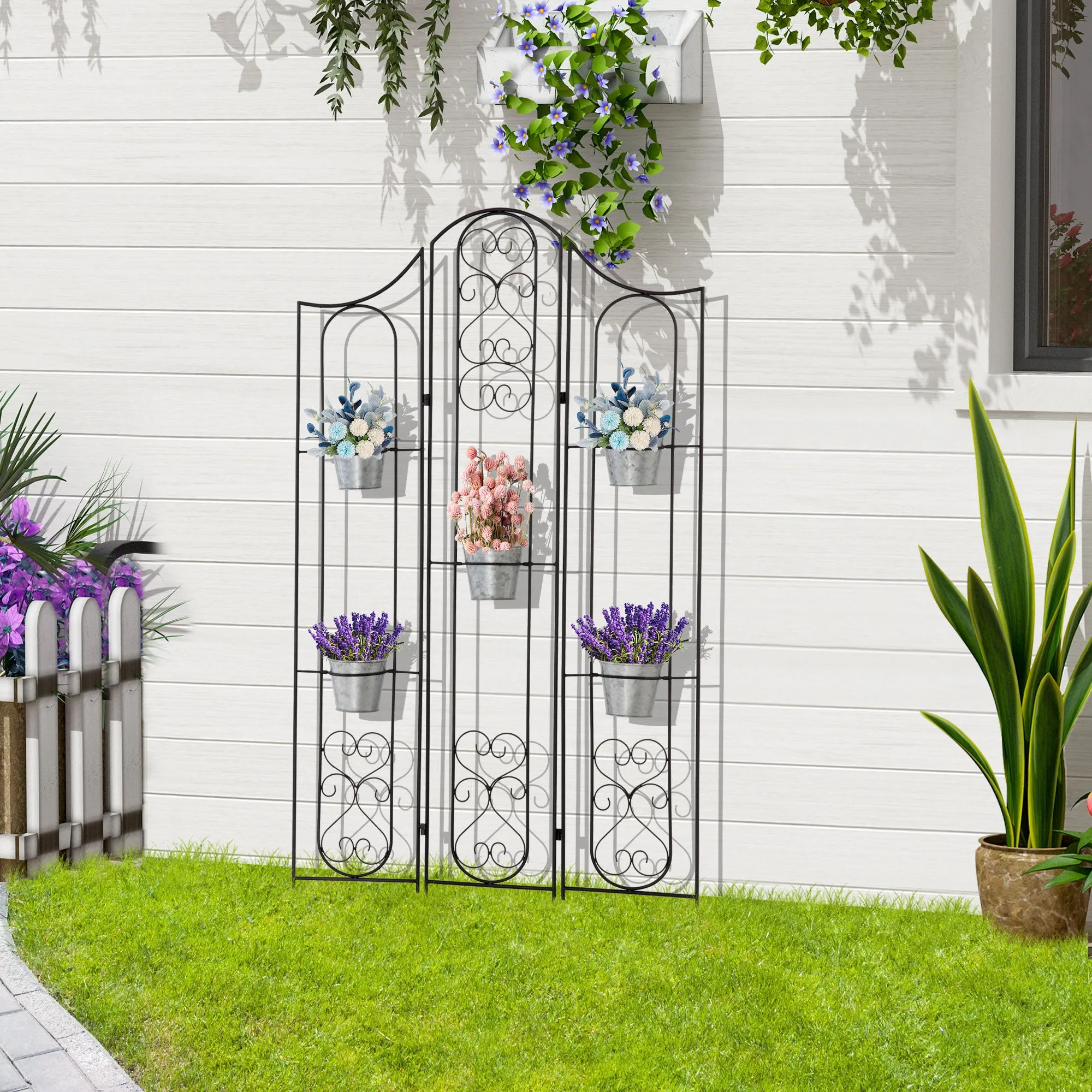 Folding Vertical Plant Stand with 5 Outdoor Metal Pots, 82x12.5x150cm, Black - Image 2
