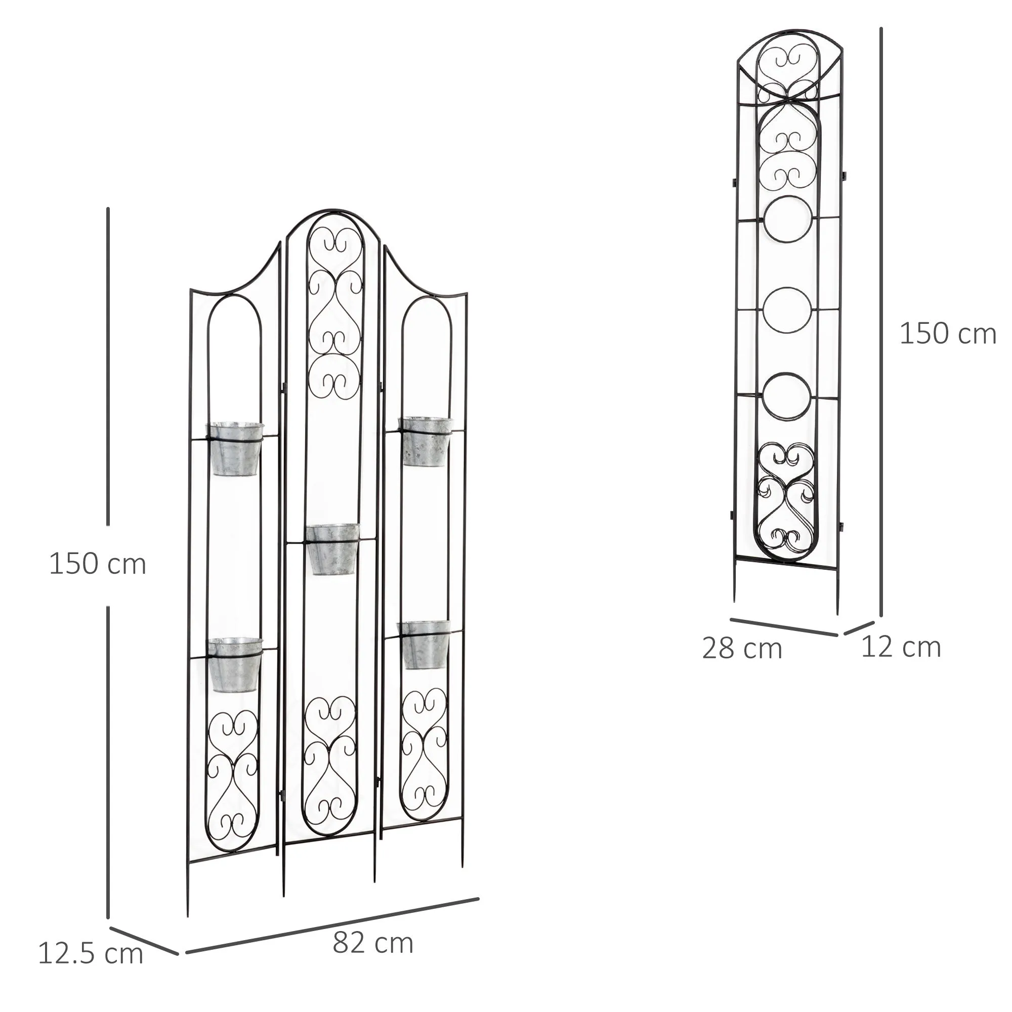 Folding Vertical Plant Stand with 5 Outdoor Metal Pots, 82x12.5x150cm, Black - Image 3