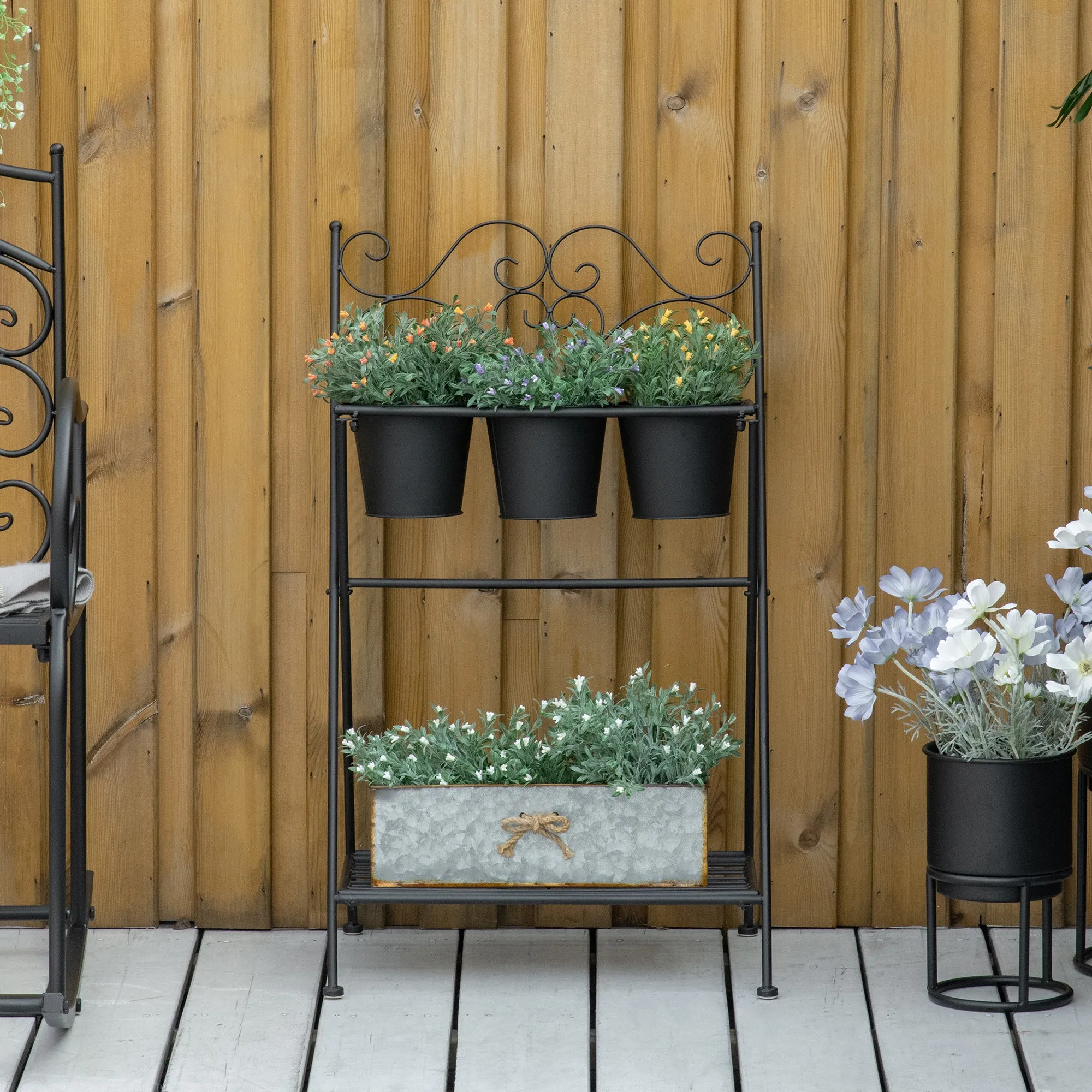 Folding Metal Plant Stand with 3 Pots and Bottom Shelf for Home and Garden, 47x37x78.5cm, Black - Image 2