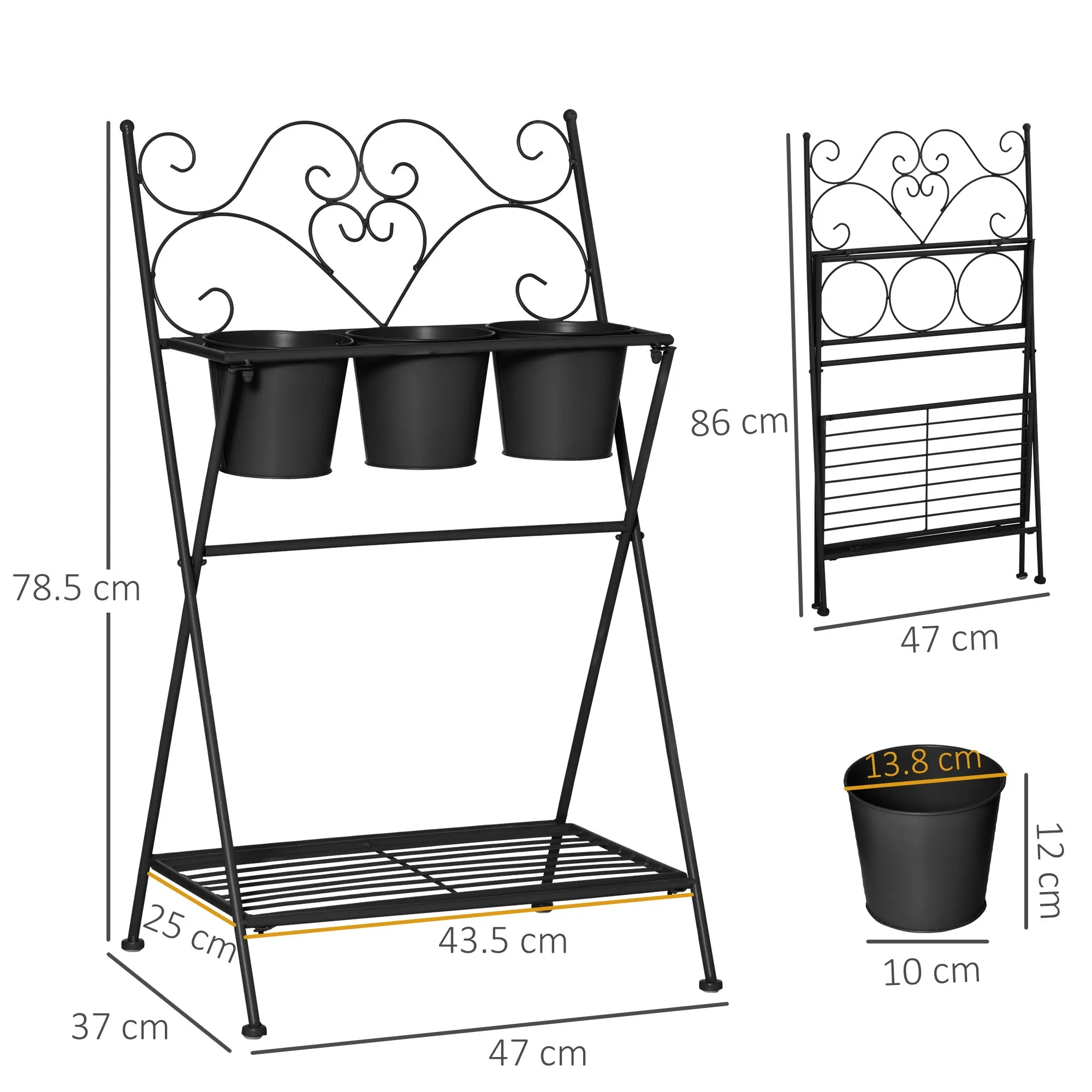 Folding Metal Plant Stand with 3 Pots and Bottom Shelf for Home and Garden, 47x37x78.5cm, Black - Image 3