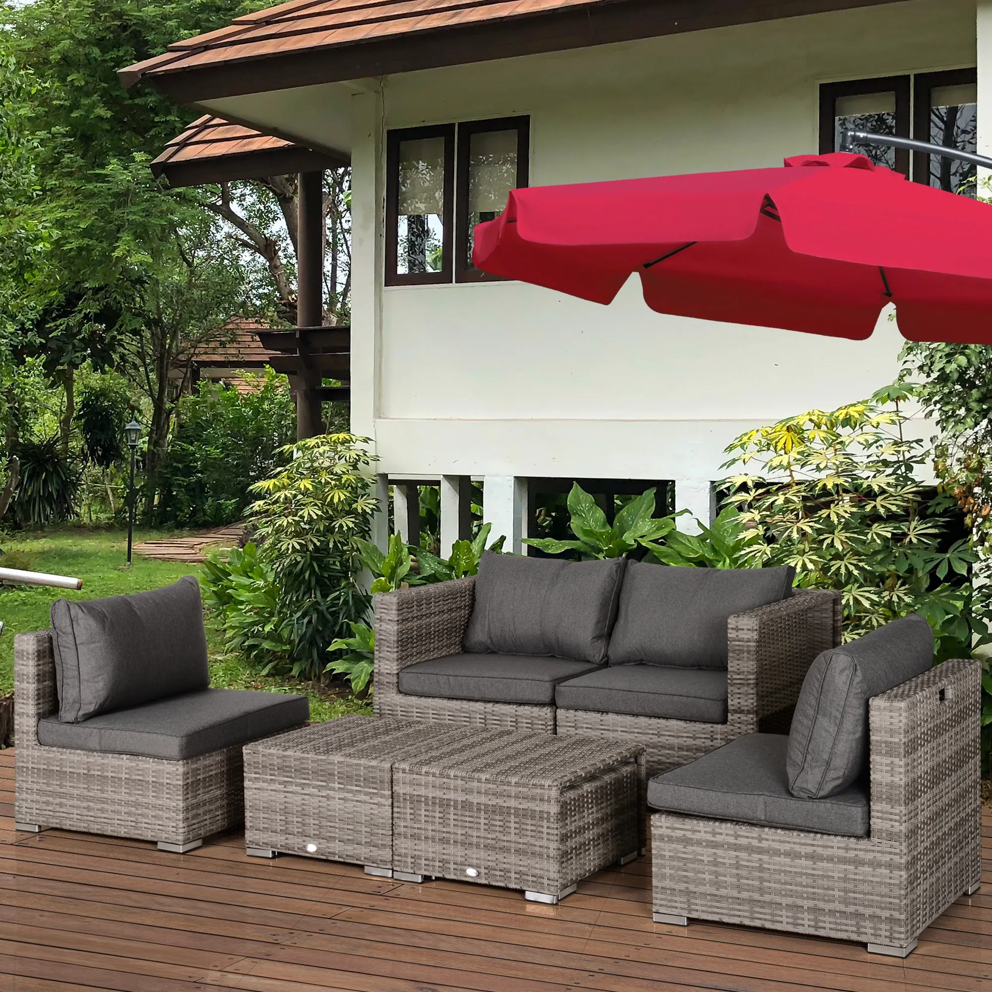 8-Piece PE Rattan Outdoor Lounge Set, Space-Saving Garden Furniture Set with Armchairs, Coffee Tables and Stools, Grey - Image 2