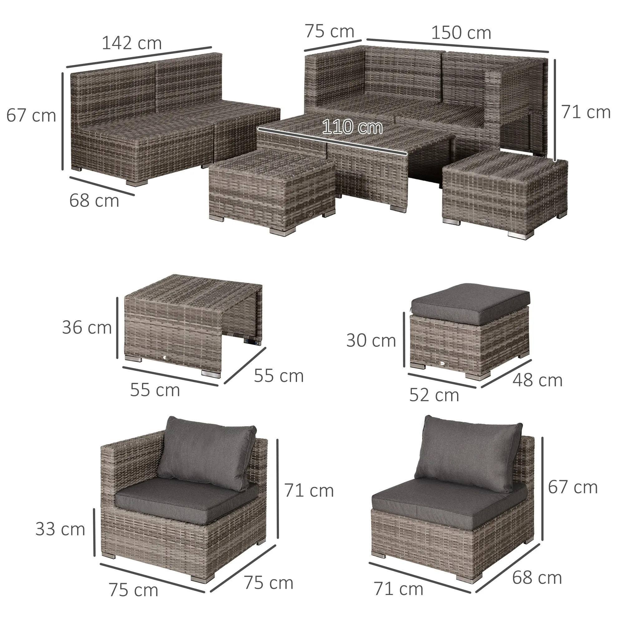 8-Piece PE Rattan Outdoor Lounge Set, Space-Saving Garden Furniture Set with Armchairs, Coffee Tables and Stools, Grey - Image 3