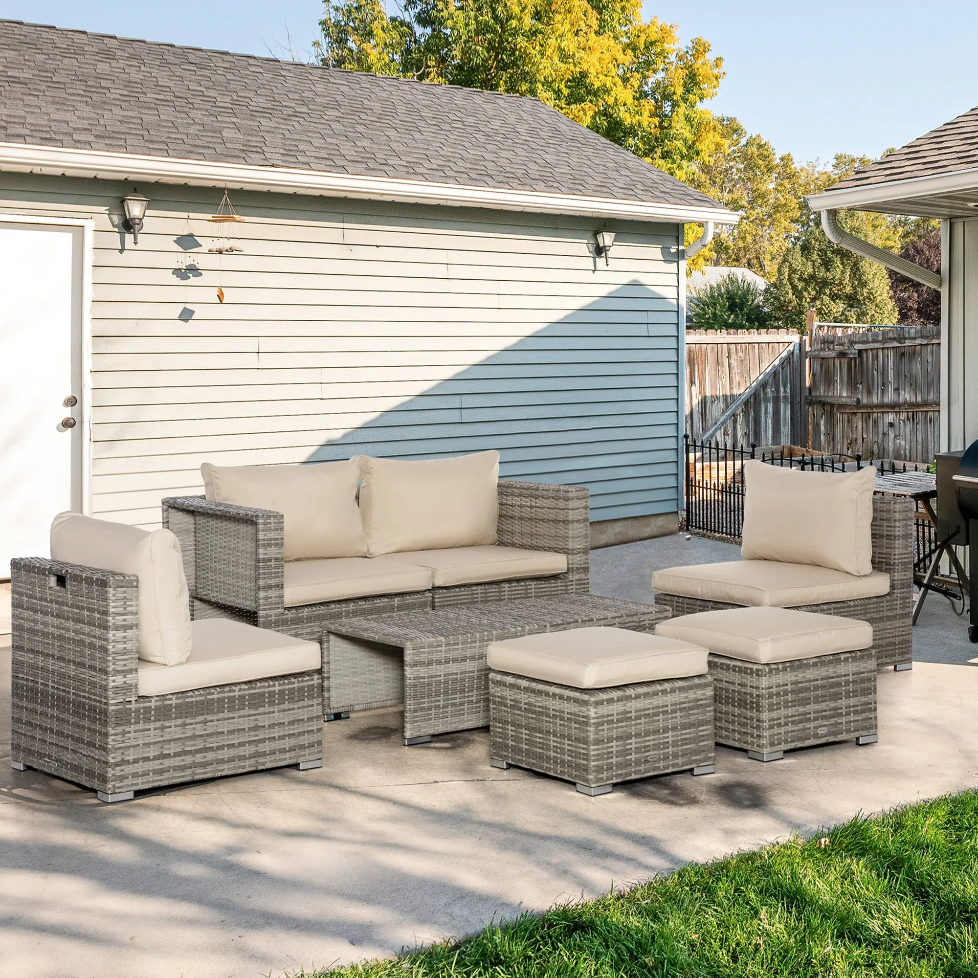 8-Piece PE Rattan Garden Lounge Set with Armchairs, Coffee Tables and Stools, Beige - Image 2