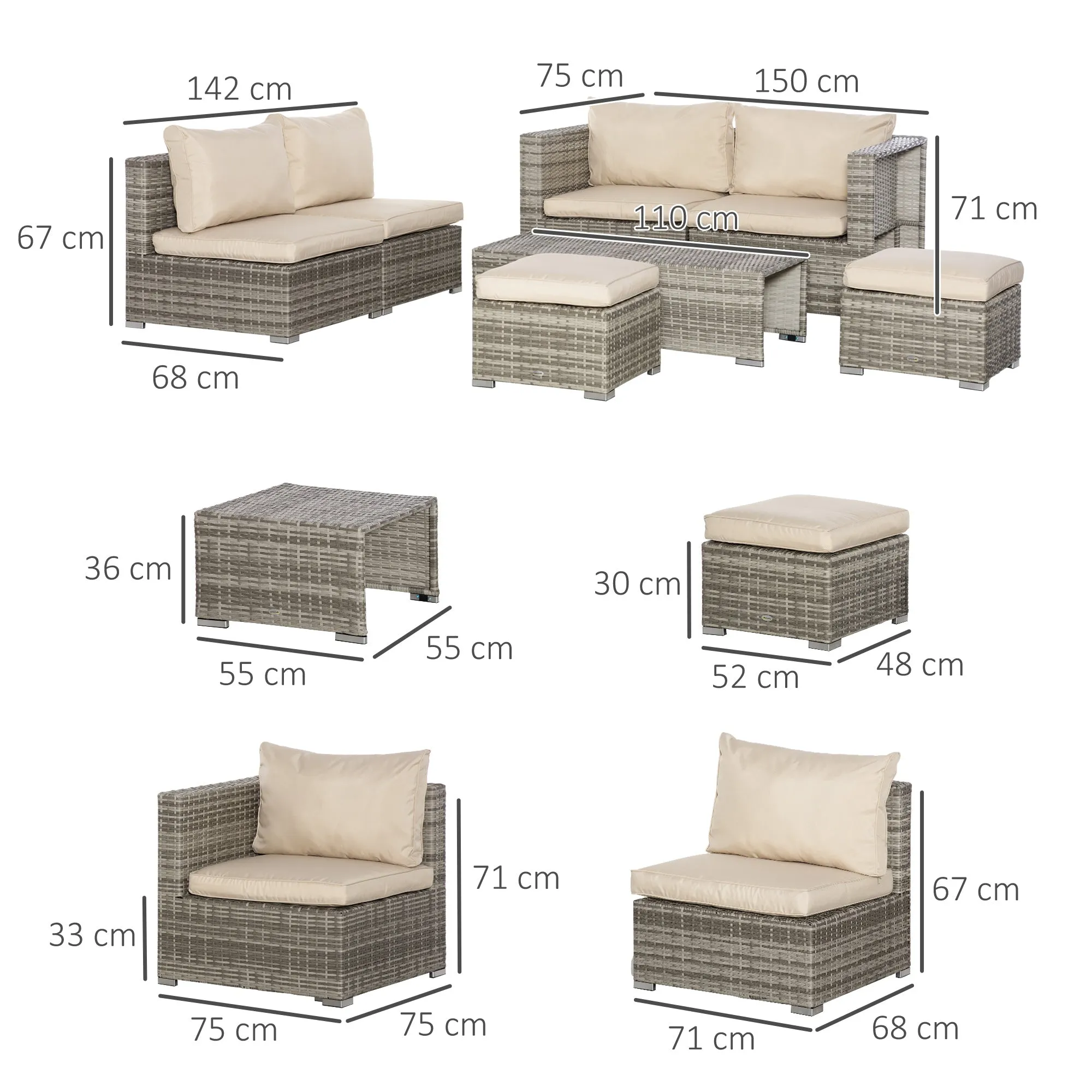 8-Piece PE Rattan Garden Lounge Set with Armchairs, Coffee Tables and Stools, Beige - Image 3