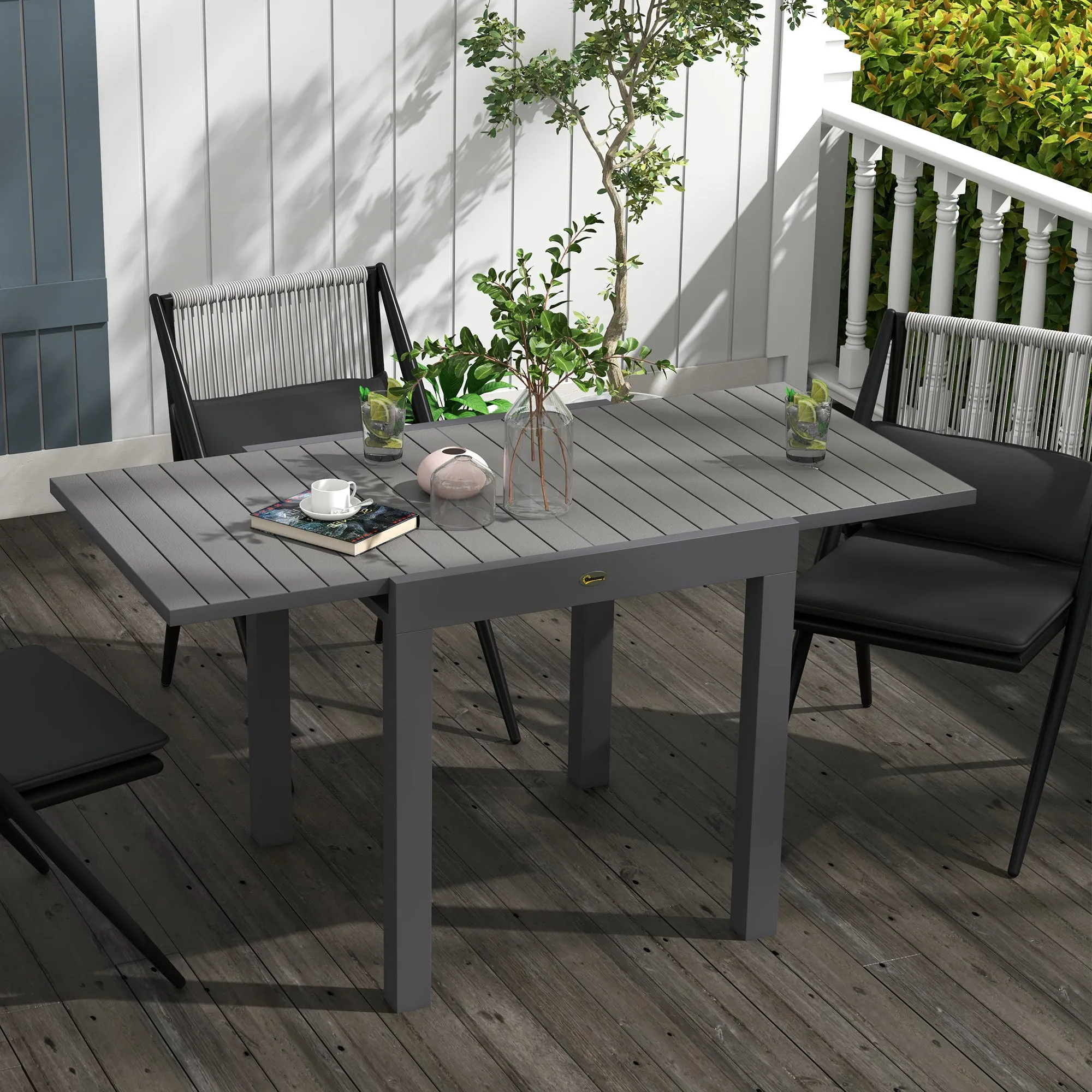 Extendable Garden Table for 4-6 People with Slatted Top, Aluminum, 81/162x80x75 cm, Grey - Image 2