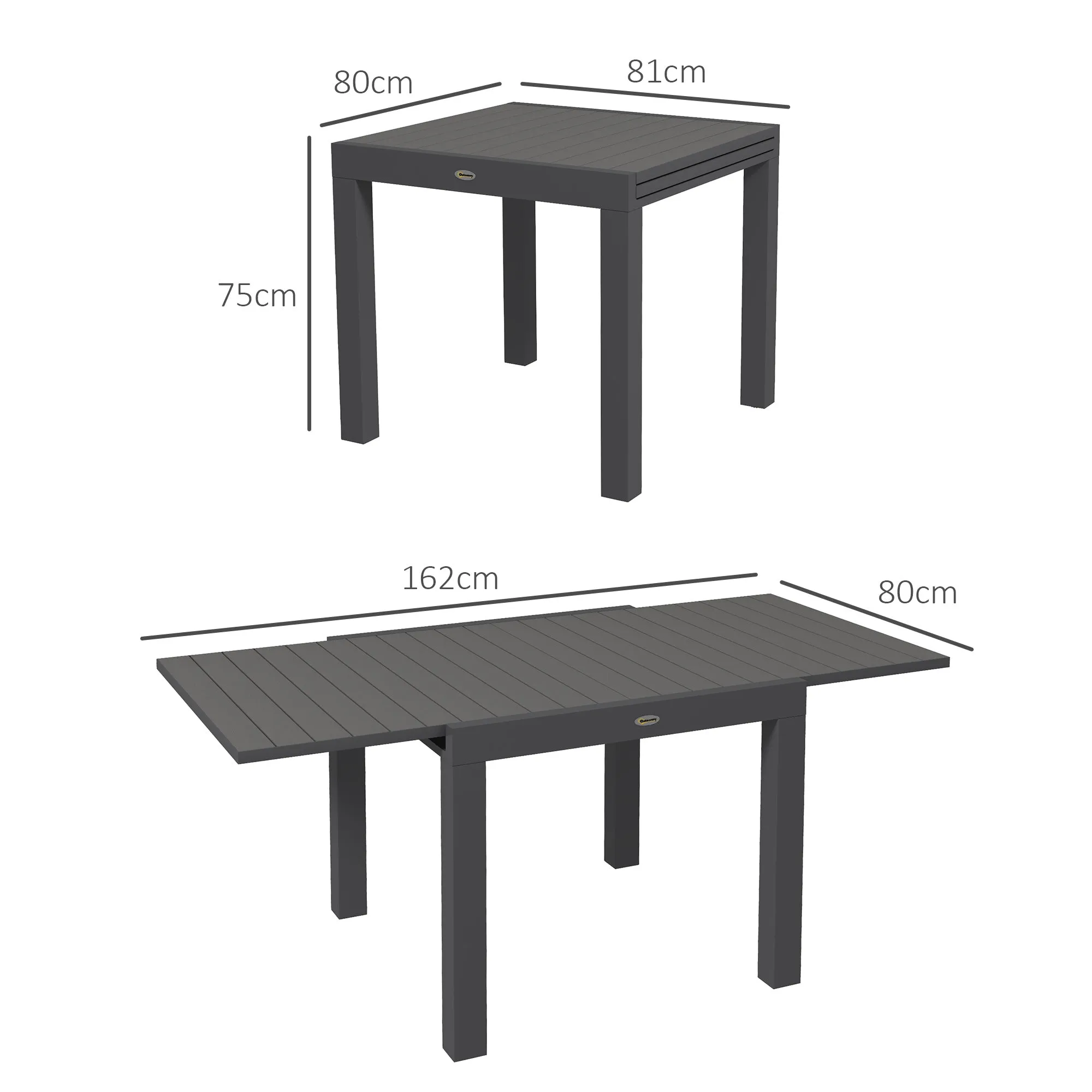 Extendable Garden Table for 4-6 People with Slatted Top, Aluminum, 81/162x80x75 cm, Grey - Image 3
