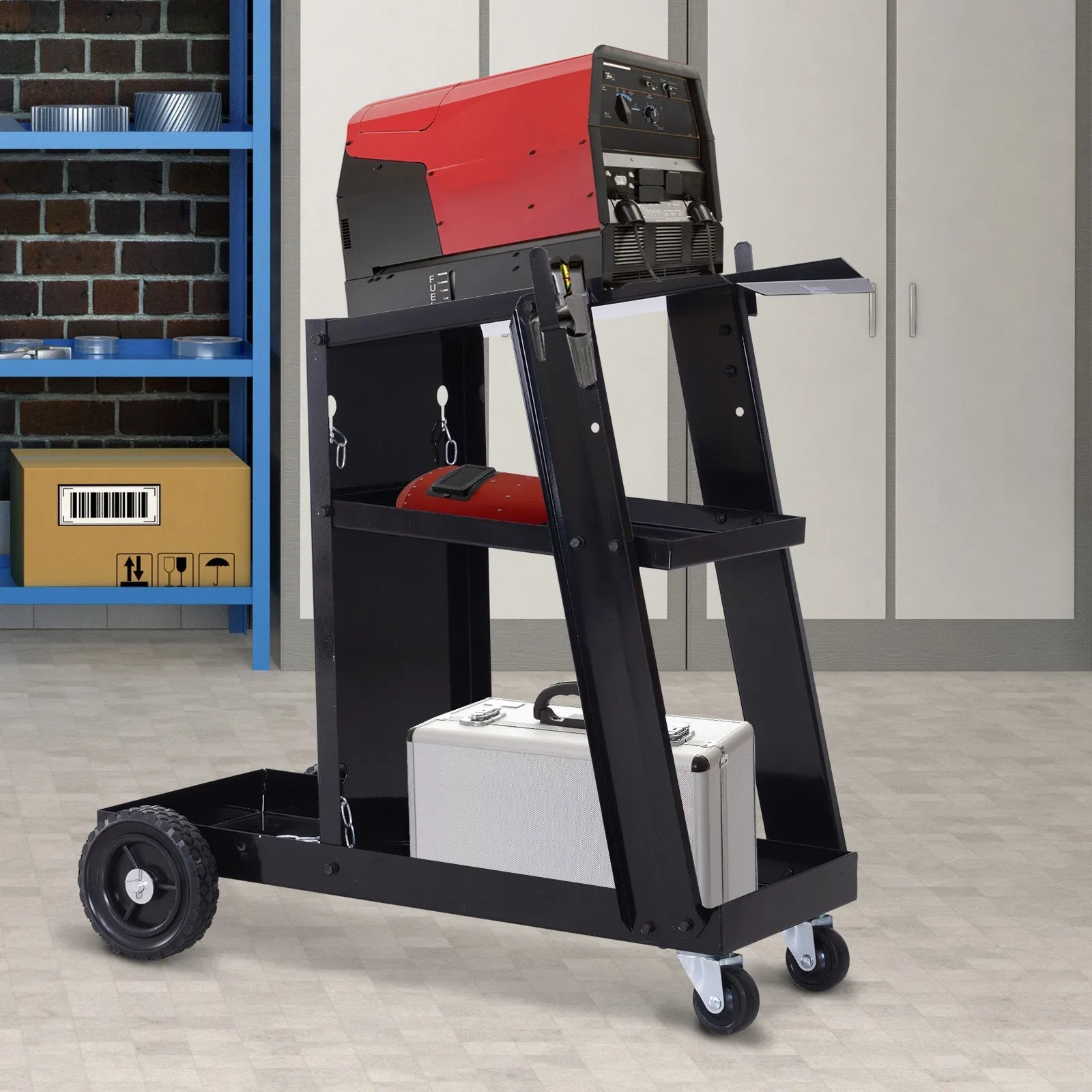 3-Tier Tool Cart with 2 Safety Chains, Steel, 71x39x70 cm, Black - Image 2