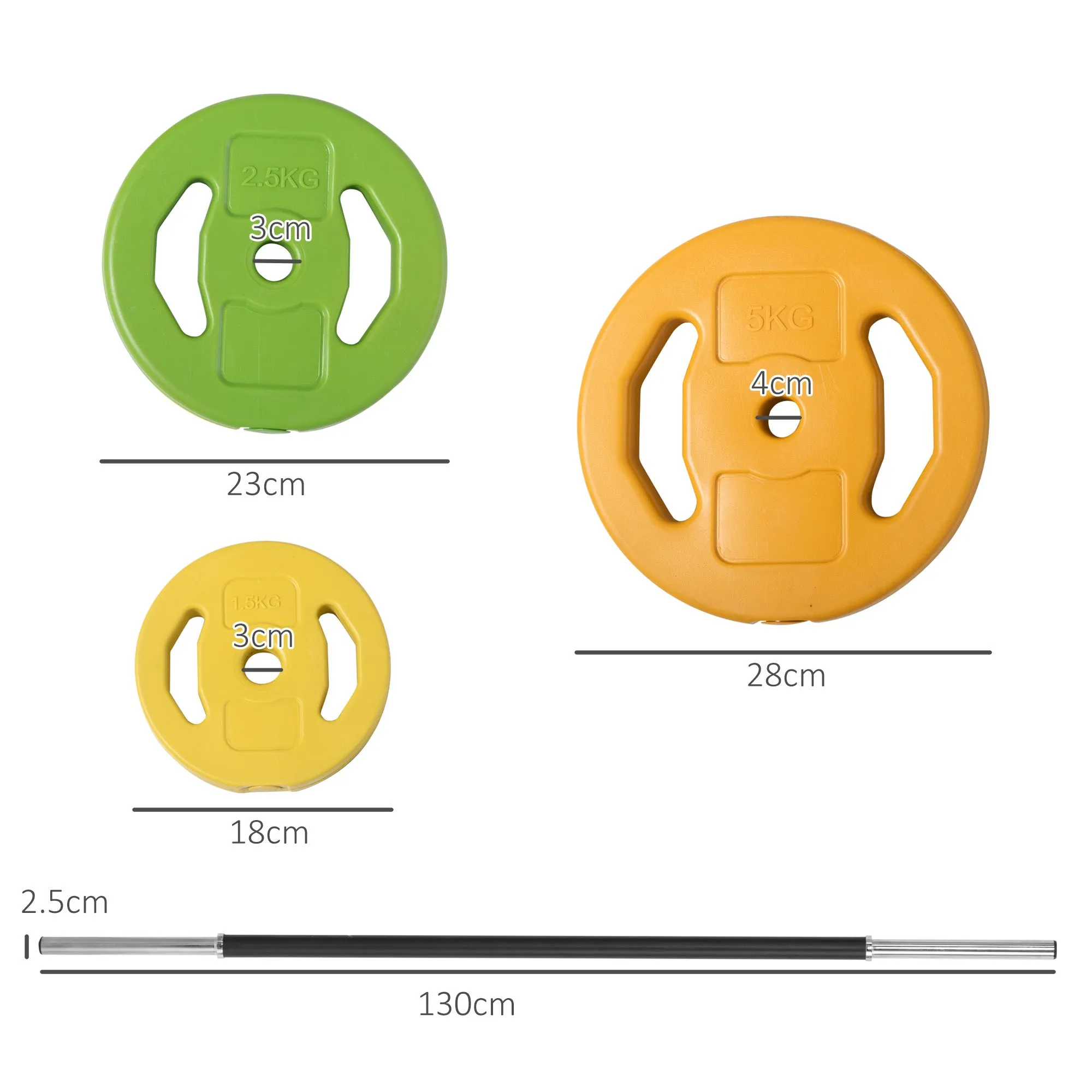 20kg Non-Slip Barbell and Disc Set with 6 Weights and 2 Fixing Clips, Ø28x130 cm, Multicolour - Image 3