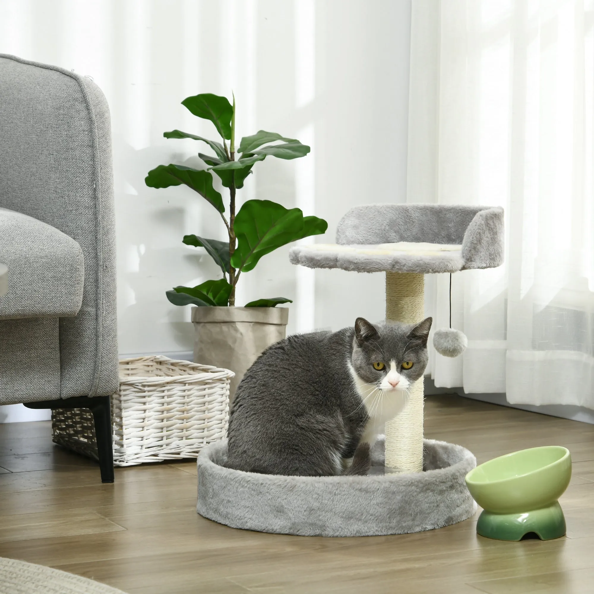 Cat Scratching Post with Bed, Jute Rope and Plush, 41x41x44 cm, Light Grey - Image 2