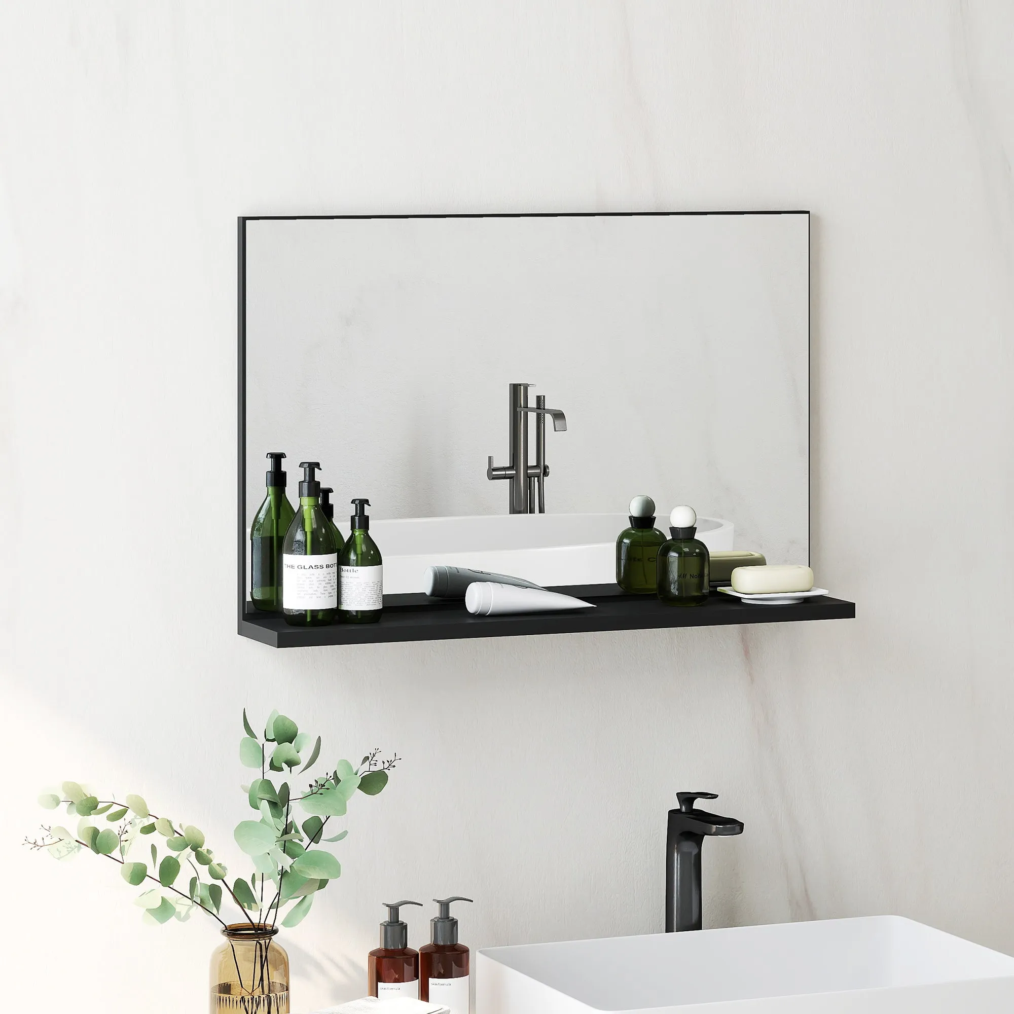 Wall-Mounted Bathroom Mirror with Shelf, Modern and Multipurpose Design, 60x12x40 cm, Black - Image 2