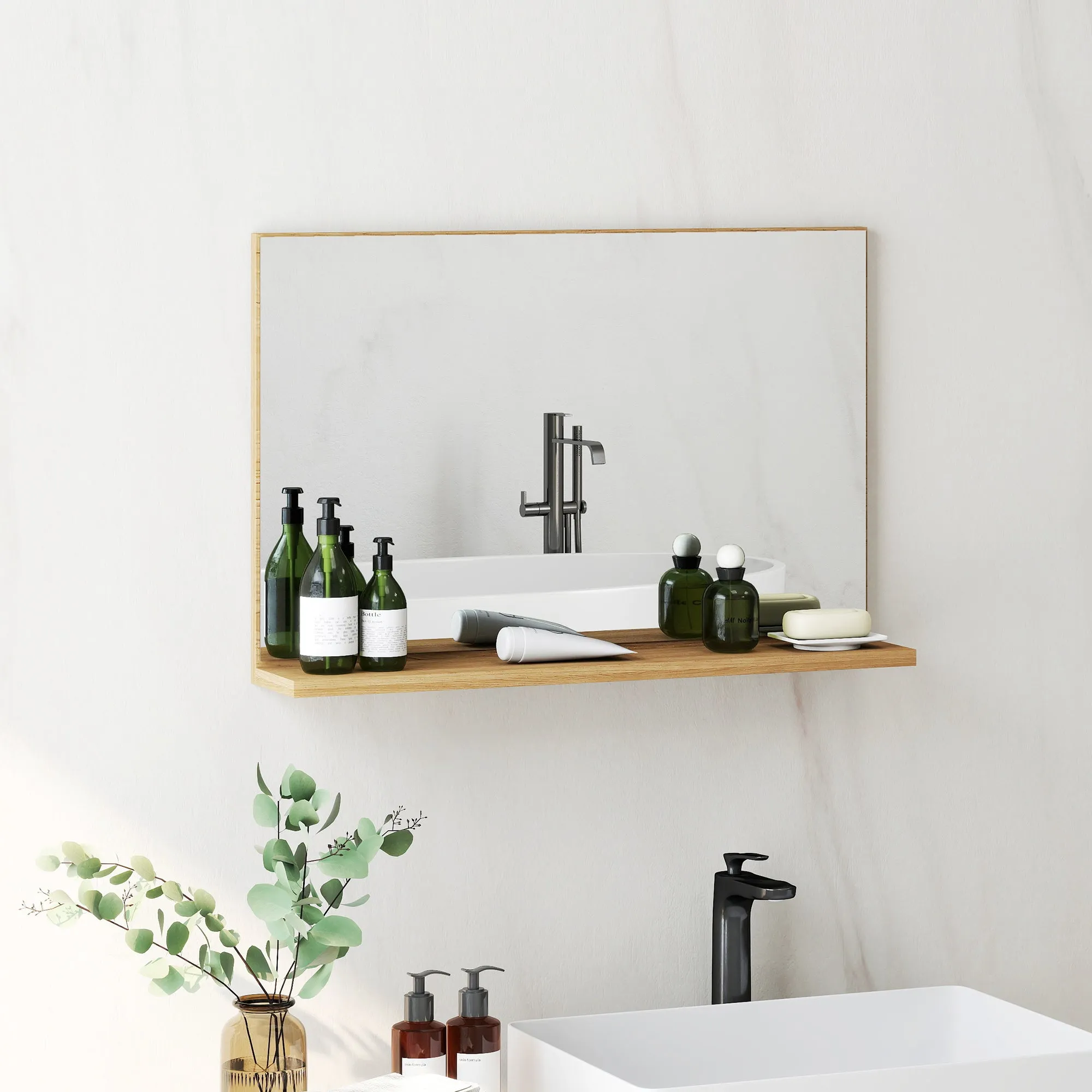 Wall Mounted Bathroom Mirror with Shelf, Modern and Multipurpose Design, 60x12x40 cm, Wood - Image 2