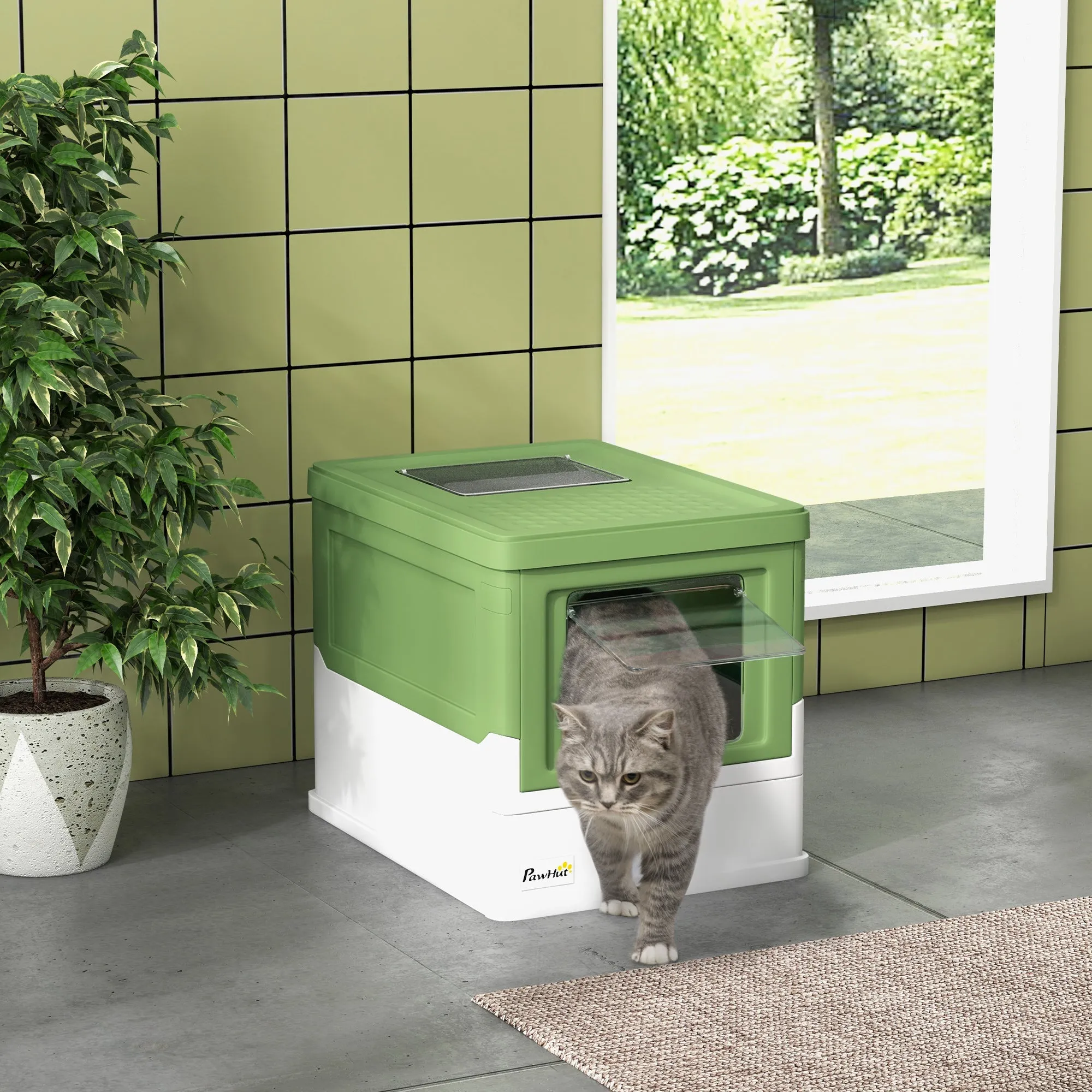 Enclosed Cat Litter Box with Scoop, Removable Tray and 2 Doors, 47.5x35.5x36.7cm, Light Green - Image 2
