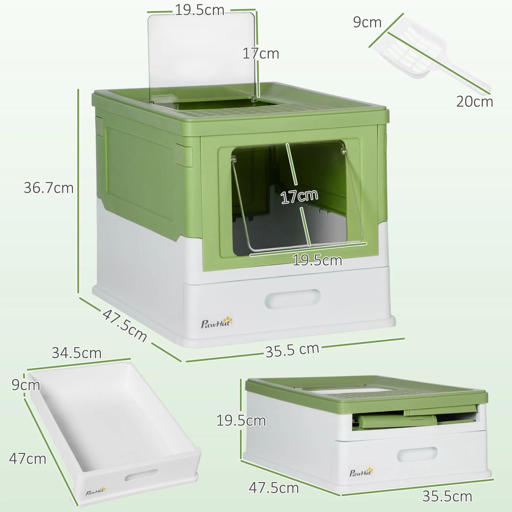 Enclosed Cat Litter Box with Scoop, Removable Tray and 2 Doors, 47.5x35.5x36.7cm, Light Green - Image 3