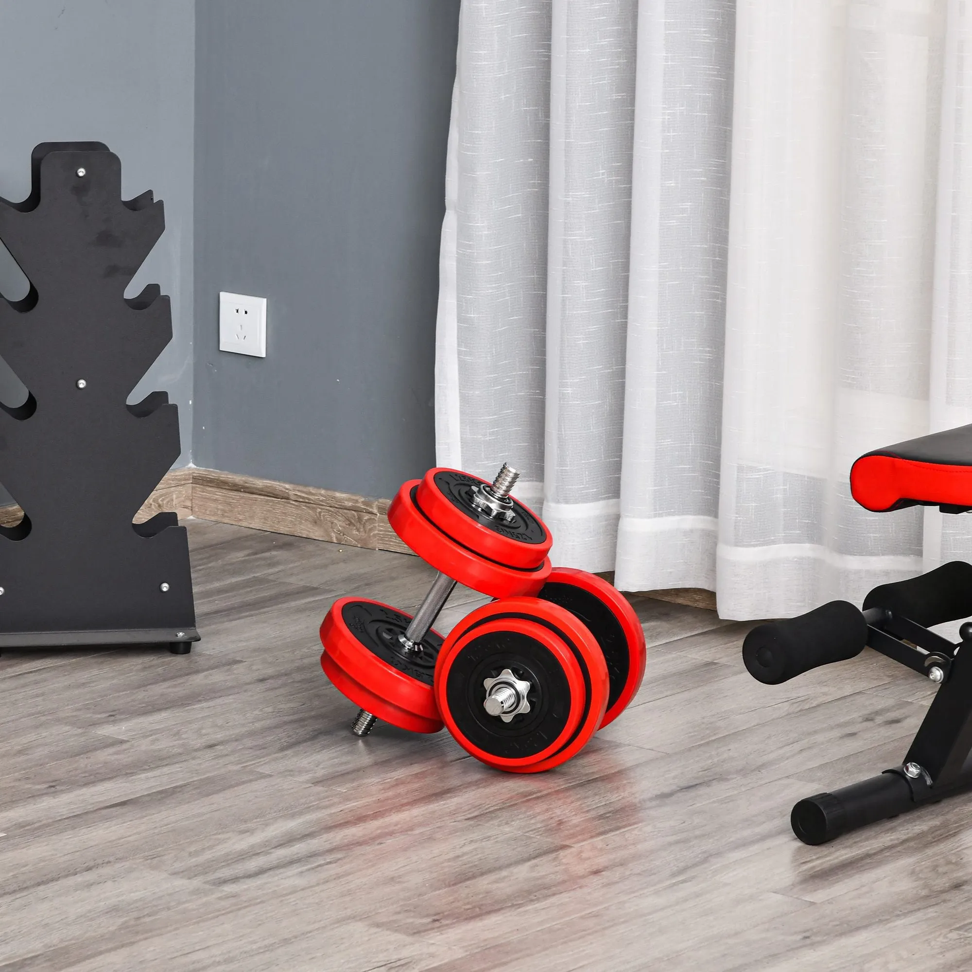 2 in 1 Barbell and Dumbbell Set 20kg Weights, Discs with Anti-Scratch Plastic Coating, Red and Black - Image 2