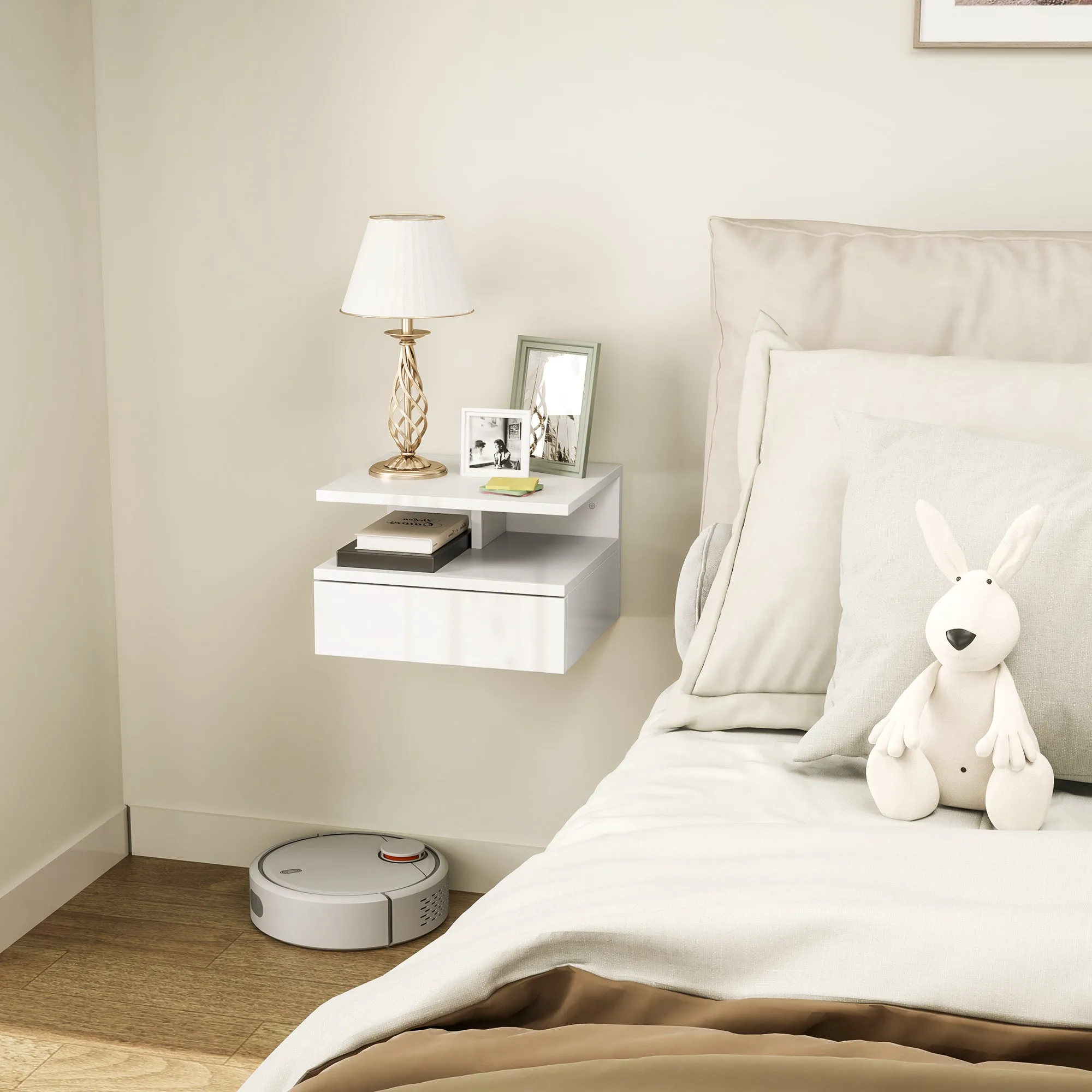 Floating Nightstand for Bedroom with Drawer and Open Shelf in Wood, 35x32x22.5 cm, White - Image 2