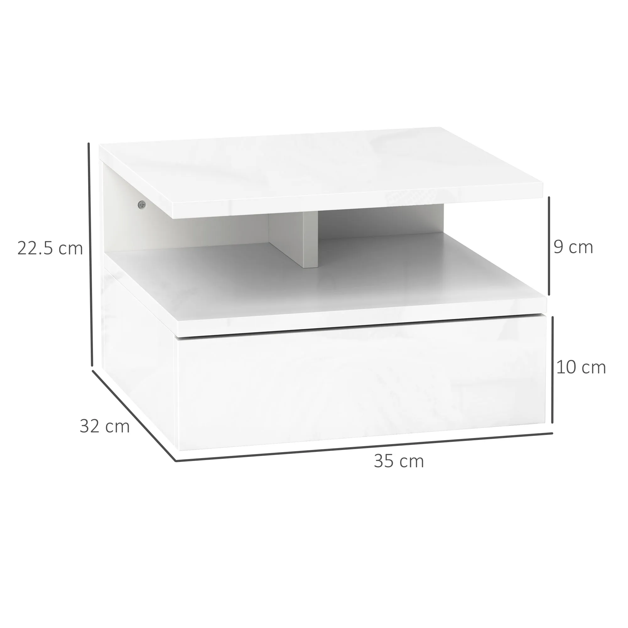 Floating Nightstand for Bedroom with Drawer and Open Shelf in Wood, 35x32x22.5 cm, White - Image 3
