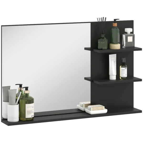 Modern Bathroom Mirror with 2 Side Shelves and Bottom Shelf, in Wood and Glass, 75x10x48 cm, Black