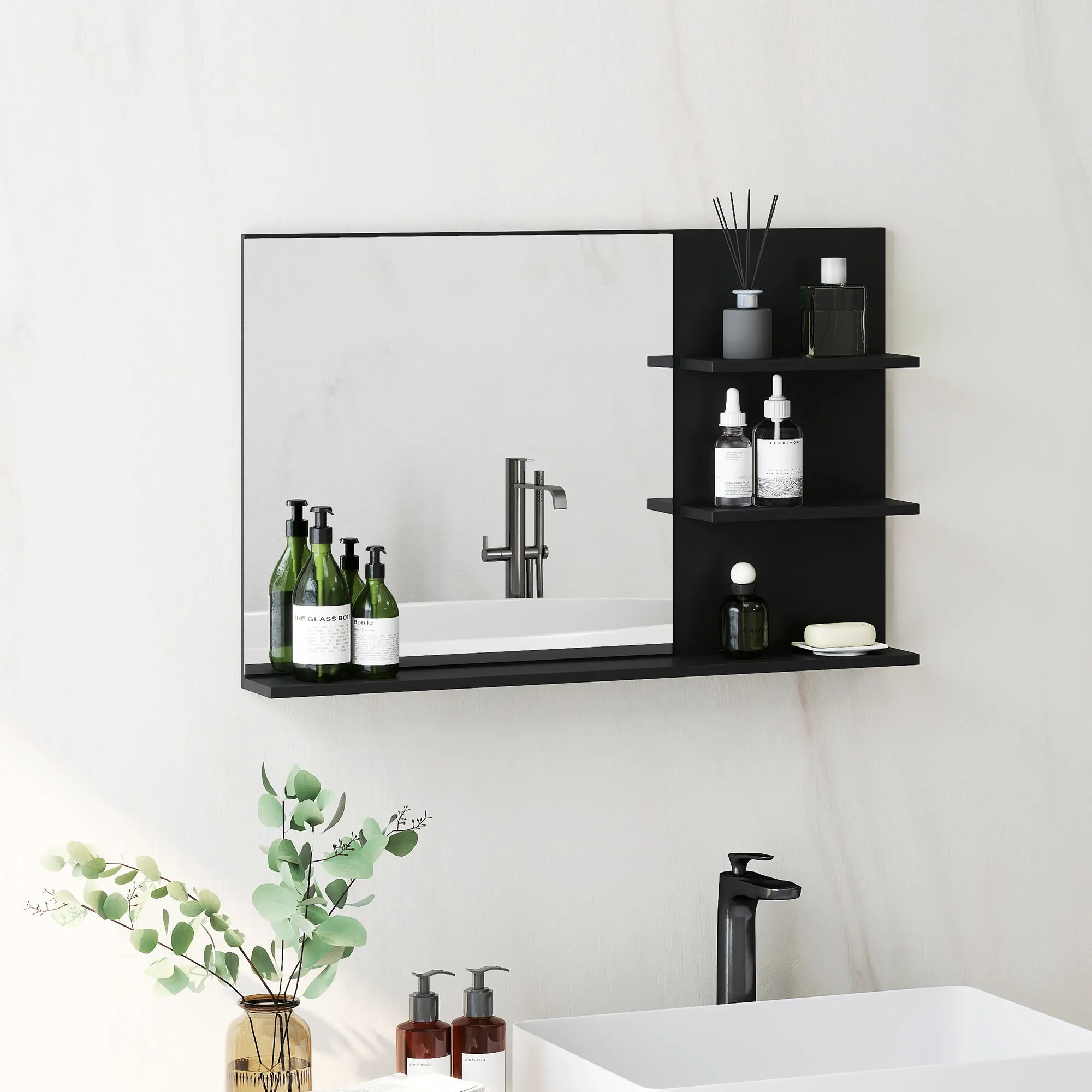 Modern Bathroom Mirror with 2 Side Shelves and Bottom Shelf, in Wood and Glass, 75x10x48 cm, Black - Image 2
