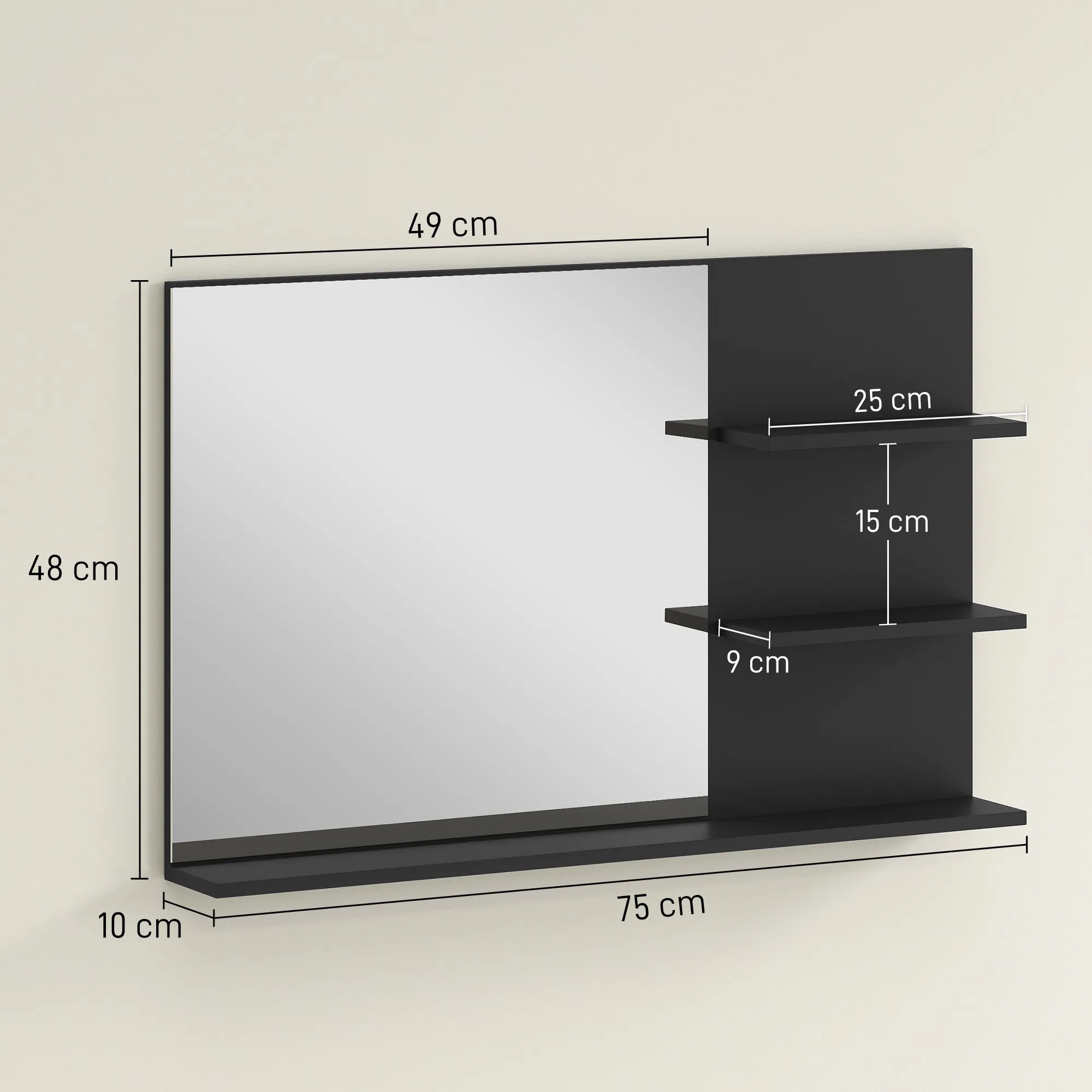 Modern Bathroom Mirror with 2 Side Shelves and Bottom Shelf, in Wood and Glass, 75x10x48 cm, Black - Image 3