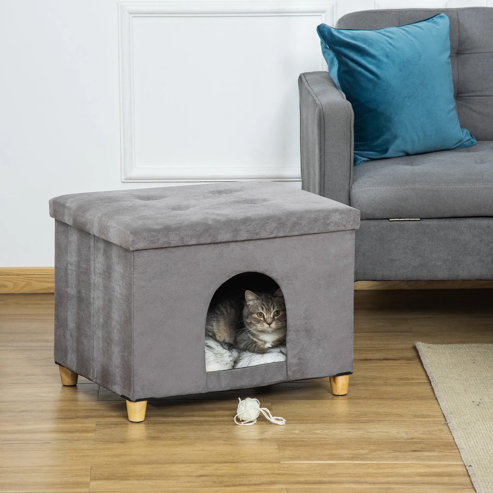 Cat House Footstool with Removable and Washable Cushion, Grey - Image 2