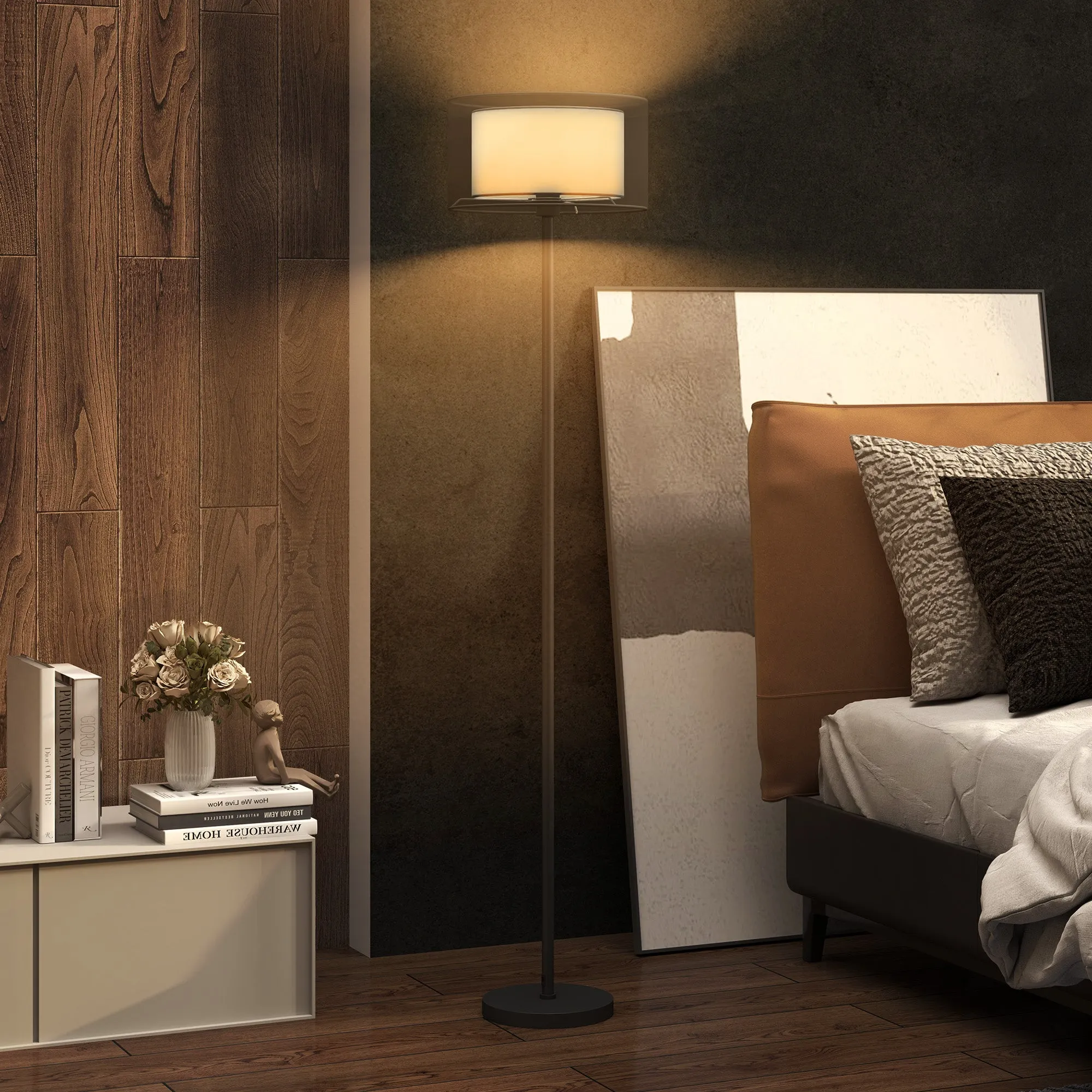 Modern Floor Lamp with Double Lampshade and Foot Switch, Ø33 x 152.5 cm, Black - Image 2