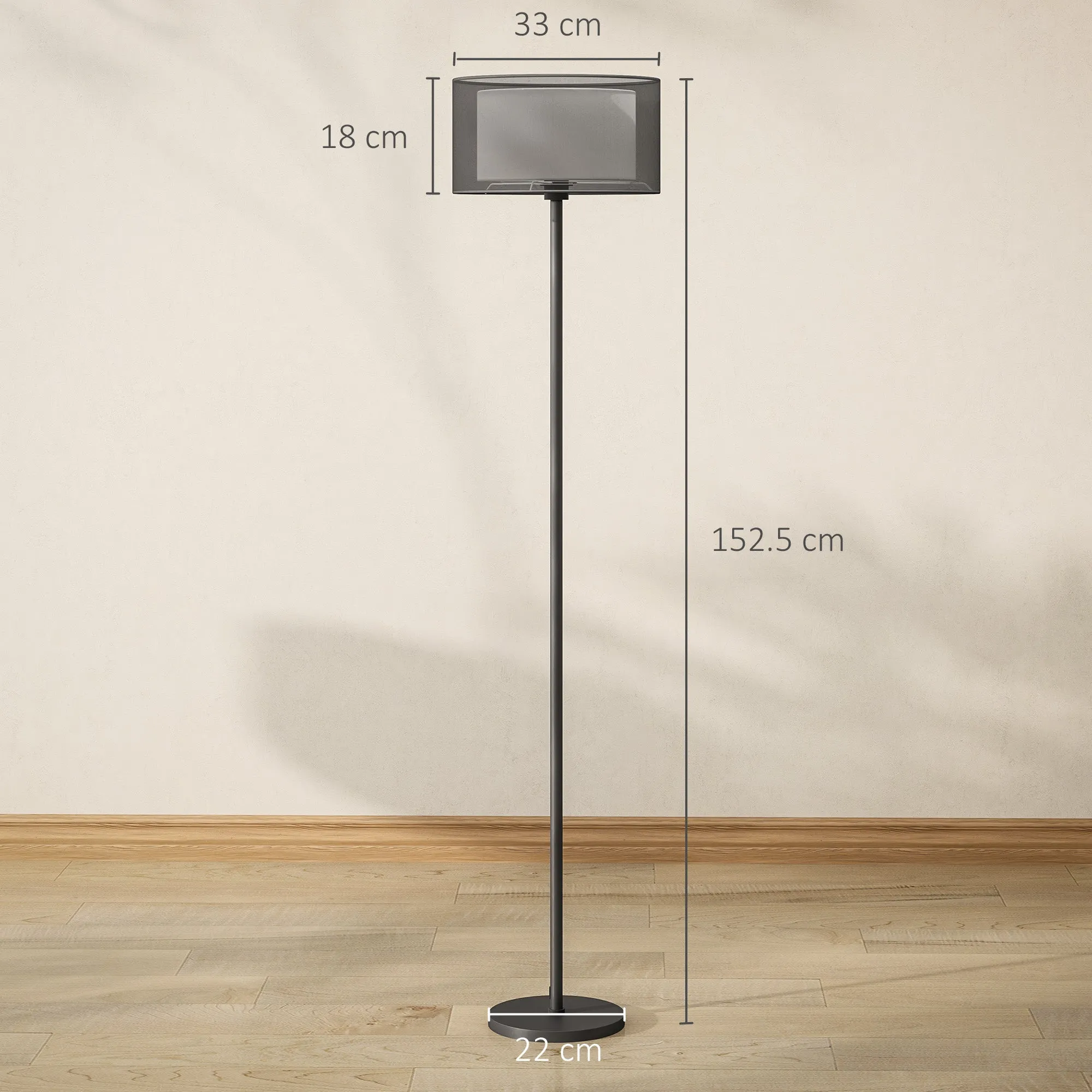 Modern Floor Lamp with Double Lampshade and Foot Switch, Ø33 x 152.5 cm, Black - Image 3