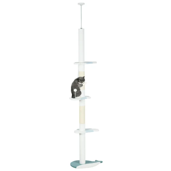 Ceiling Cat Tree with Adjustable 225-255cm Pole, Ball and Platforms, White