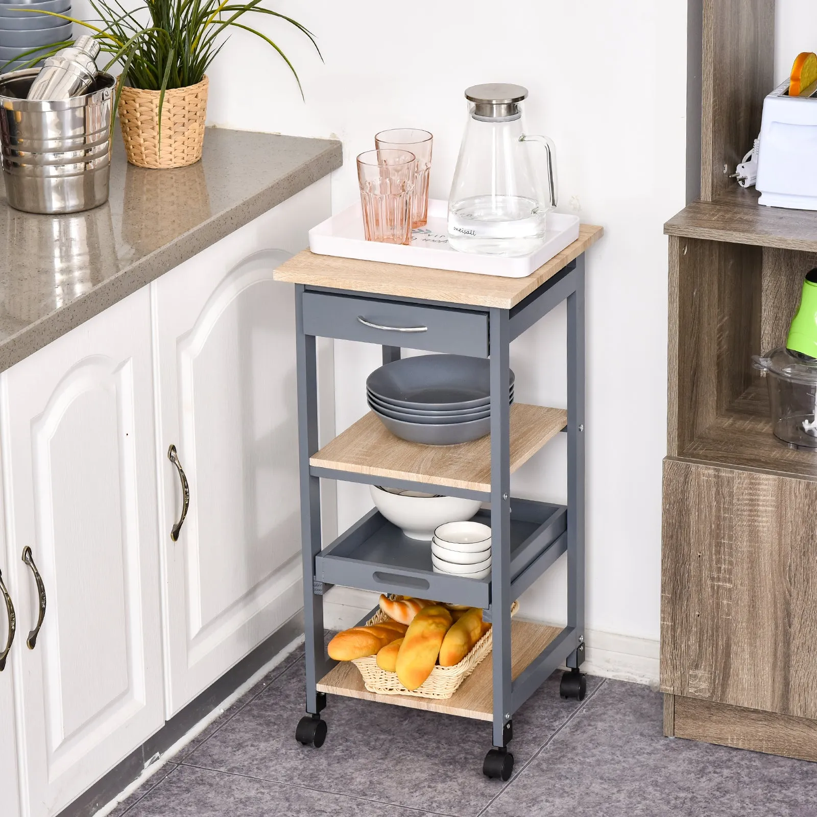 Kitchen Trolley Food Cart with Drawer, 2 Shelves and Pull-Out Tray, 37x37x76cm, Grey - Image 2