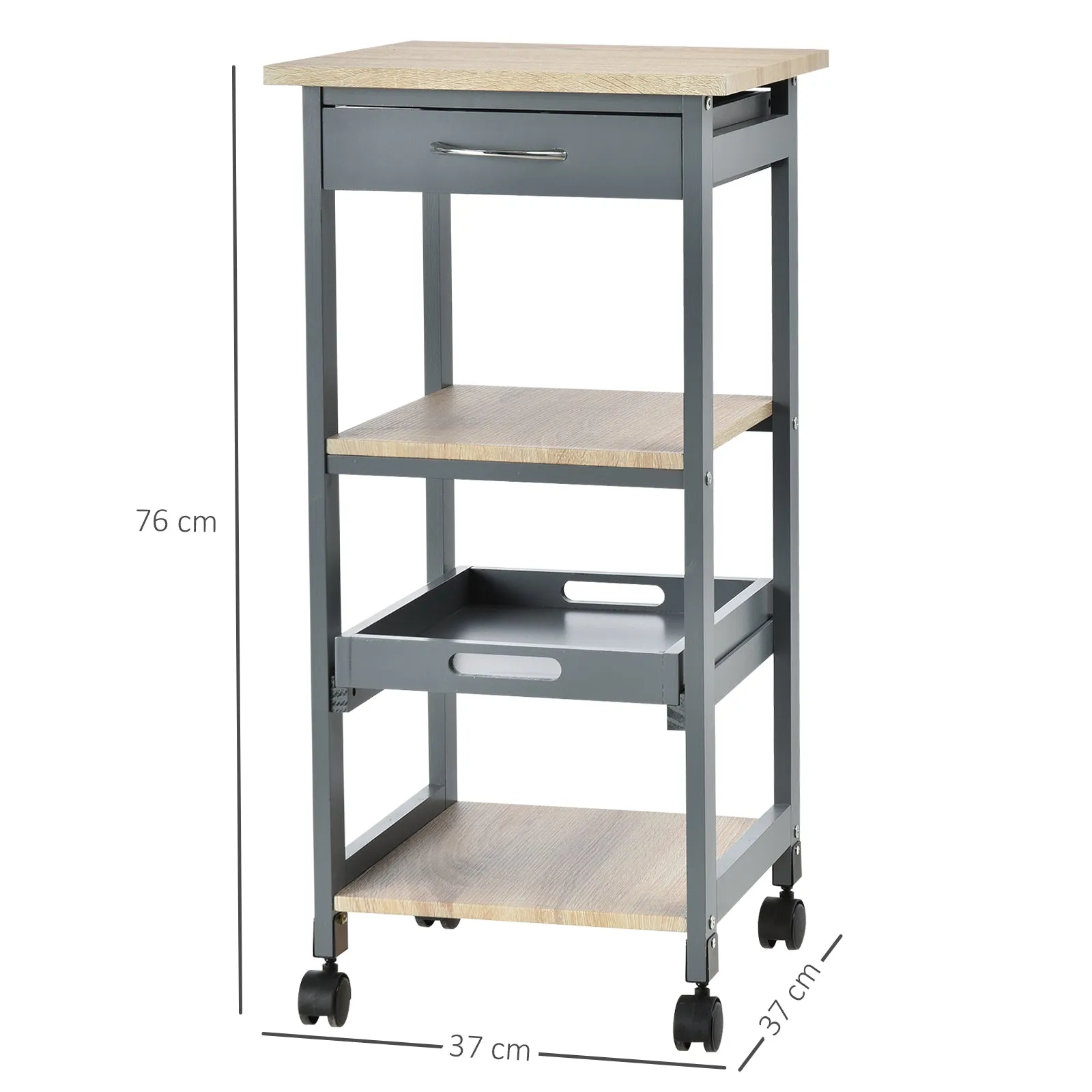 Kitchen Trolley Food Cart with Drawer, 2 Shelves and Pull-Out Tray, 37x37x76cm, Grey - Image 3