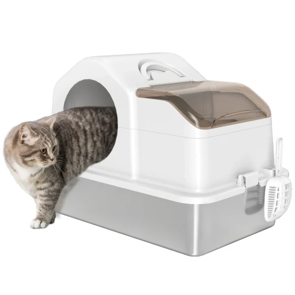 Enclosed Cat Litter Box with 2 Mats, Stainless Steel, ABS and PP, 60.5x40.5x42 cm, White and Silver