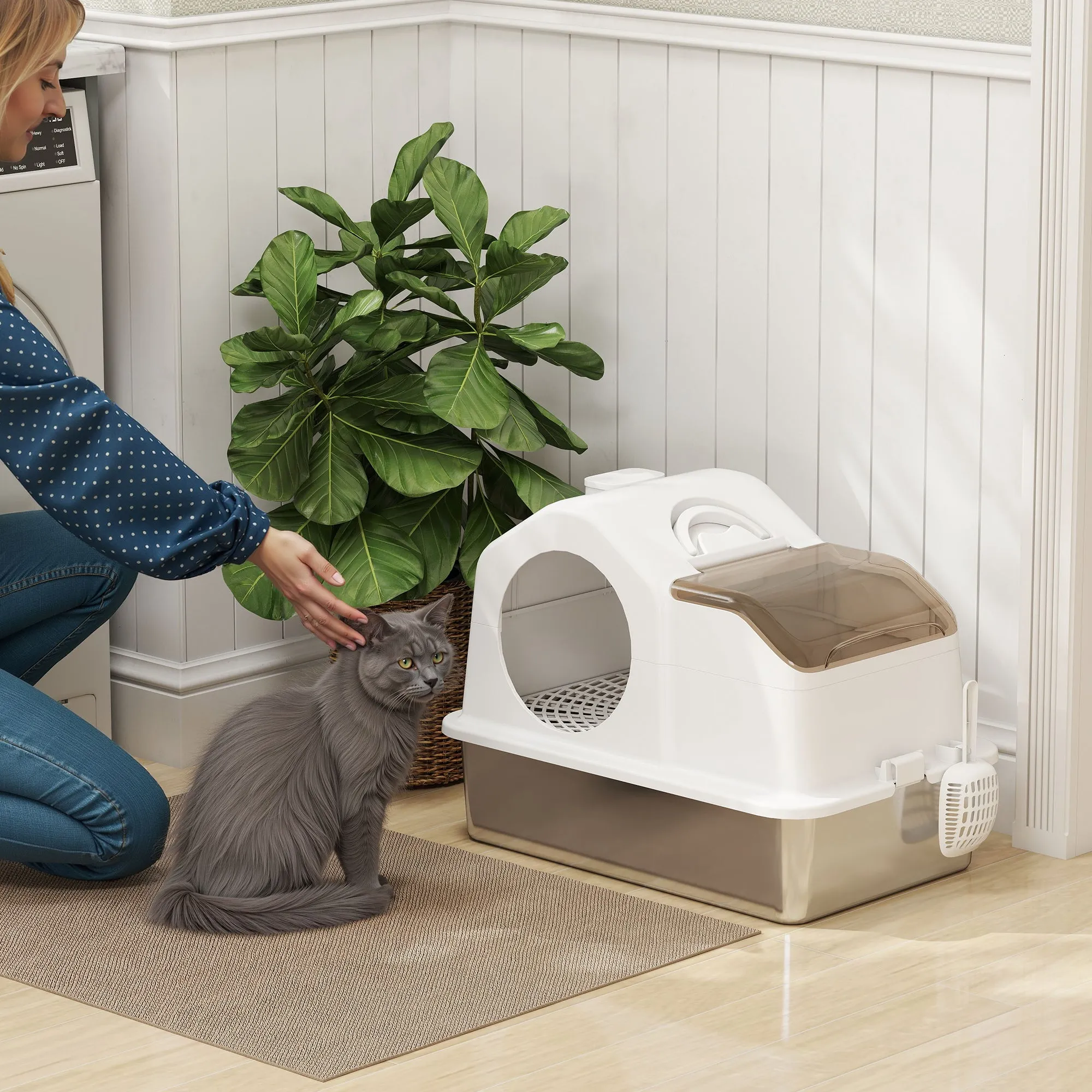 Enclosed Cat Litter Box with 2 Mats, Stainless Steel, ABS and PP, 60.5x40.5x42 cm, White and Silver - Image 2