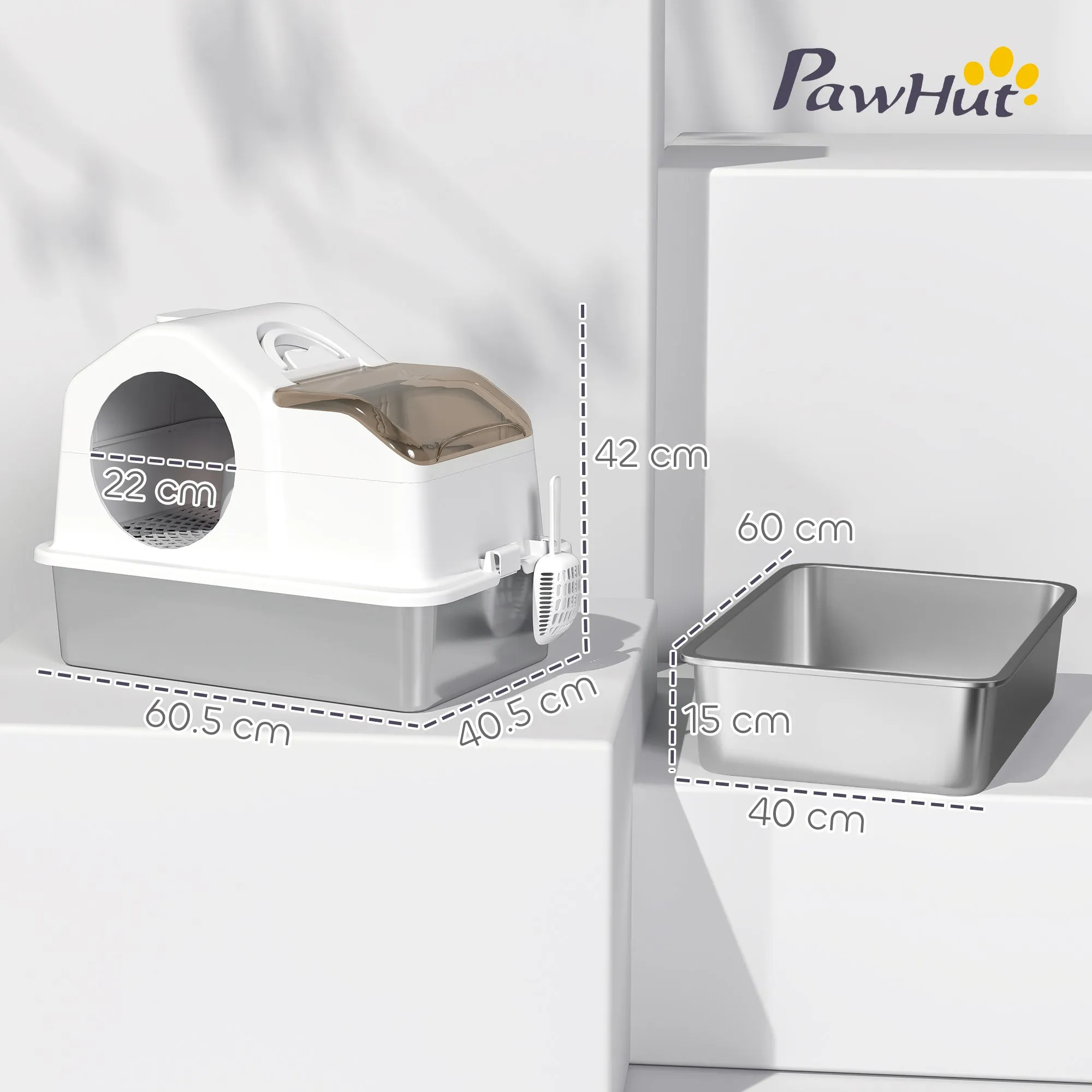 Enclosed Cat Litter Box with 2 Mats, Stainless Steel, ABS and PP, 60.5x40.5x42 cm, White and Silver - Image 3