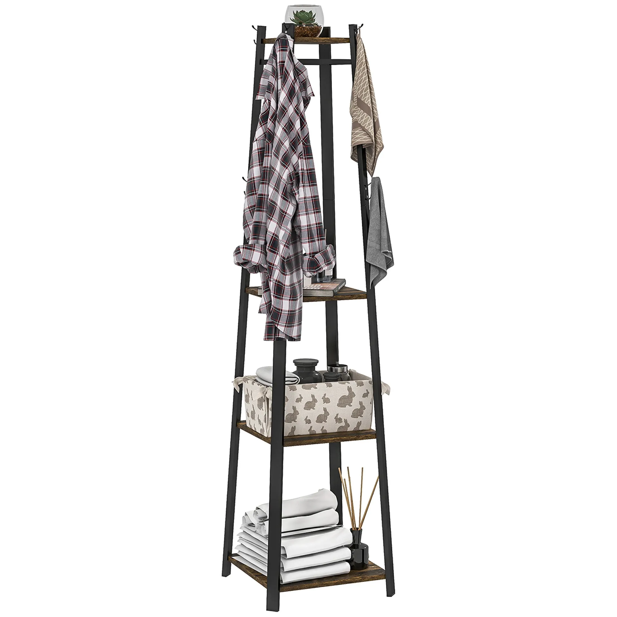 Coat Rack with 8 Hooks, 3 Shelves and Top Shelf, 34x34x170 cm, Brown