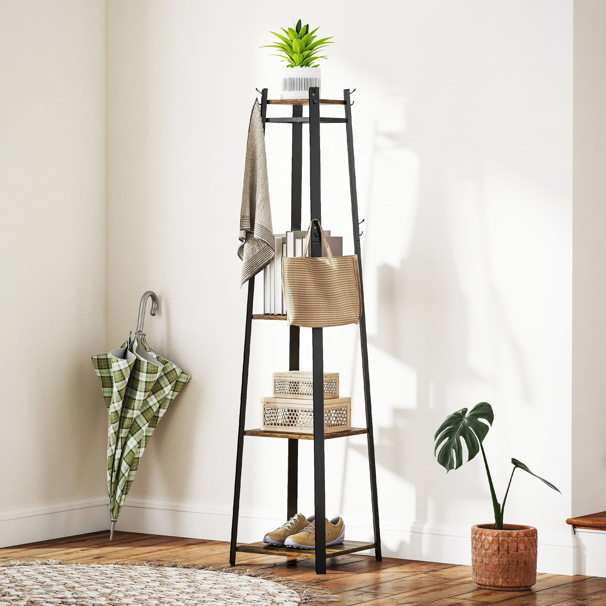 Coat Rack with 8 Hooks, 3 Shelves and Top Shelf, 34x34x170 cm, Brown - Image 2