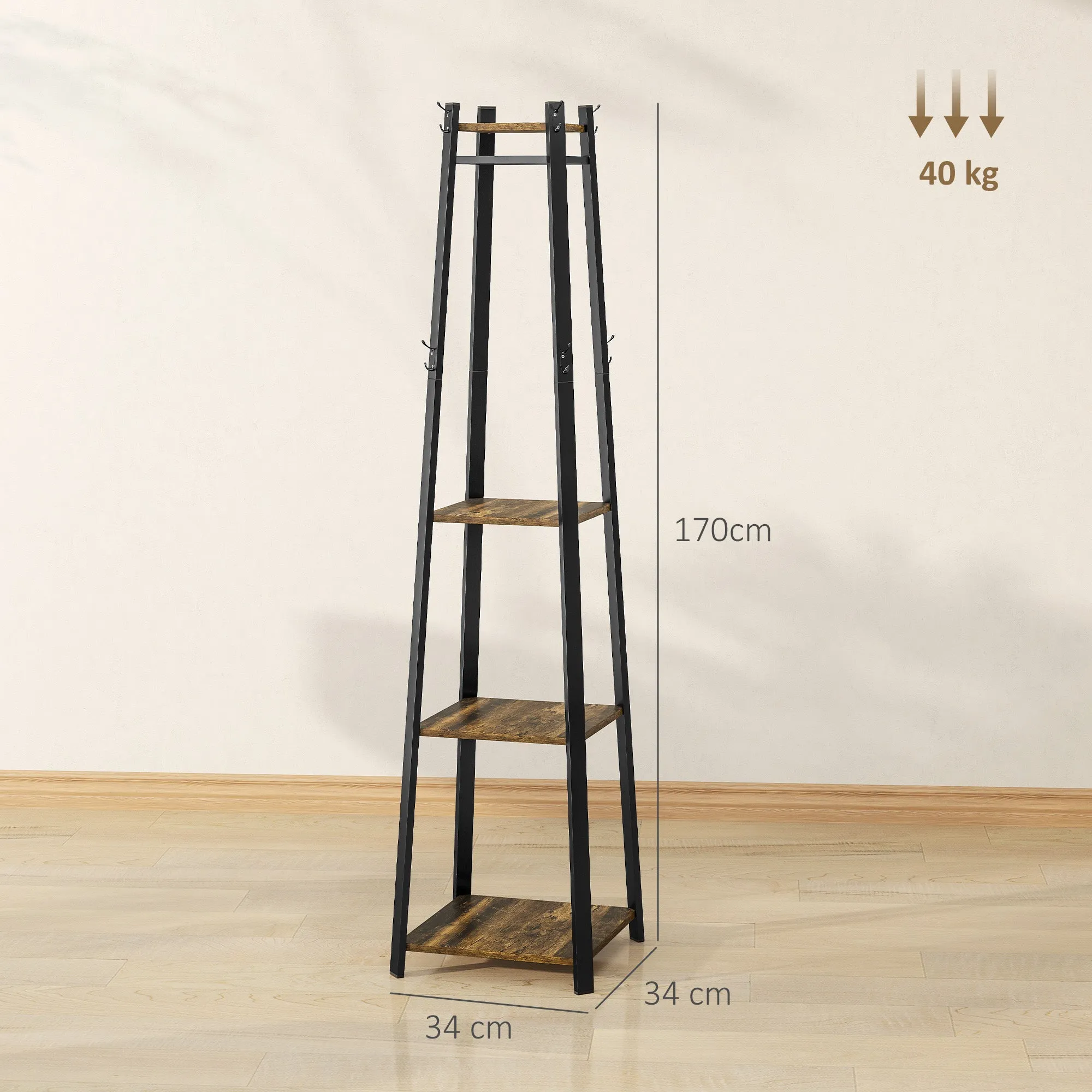 Coat Rack with 8 Hooks, 3 Shelves and Top Shelf, 34x34x170 cm, Brown - Image 3
