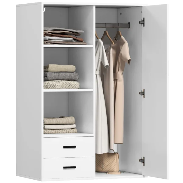 Modern Wardrobe with 2 Drawers, Open Shelves and Hanging Space, 80x50x124 cm, White