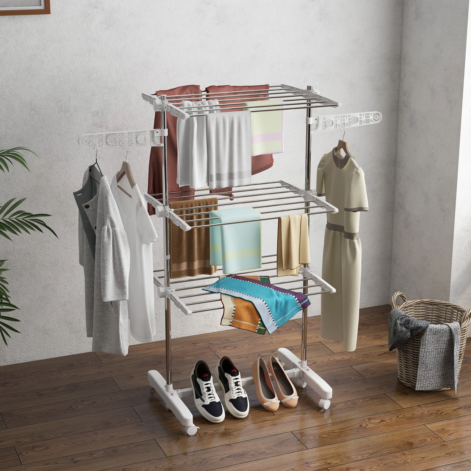 Folding Vertical Clothes Drying Rack in Steel and Plastic with 6 Wheels and 3 Adjustable Shelves, 142x55x172 cm - Image 2