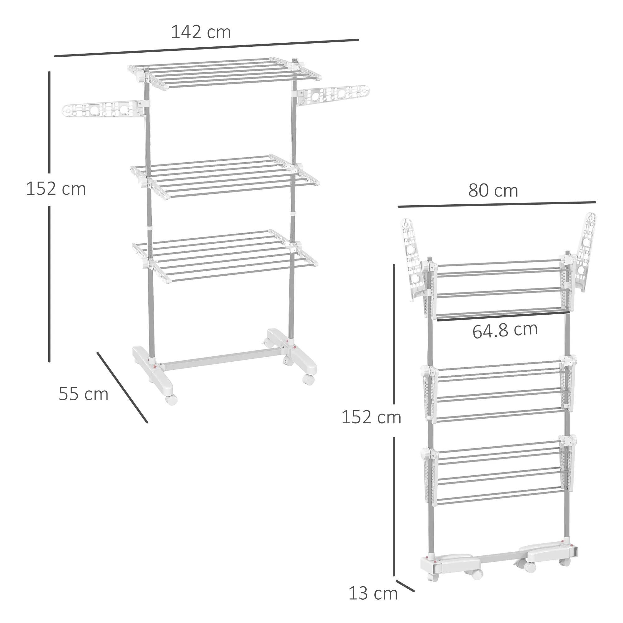 Folding Vertical Clothes Drying Rack in Steel and Plastic with 6 Wheels and 3 Adjustable Shelves, 142x55x172 cm - Image 3