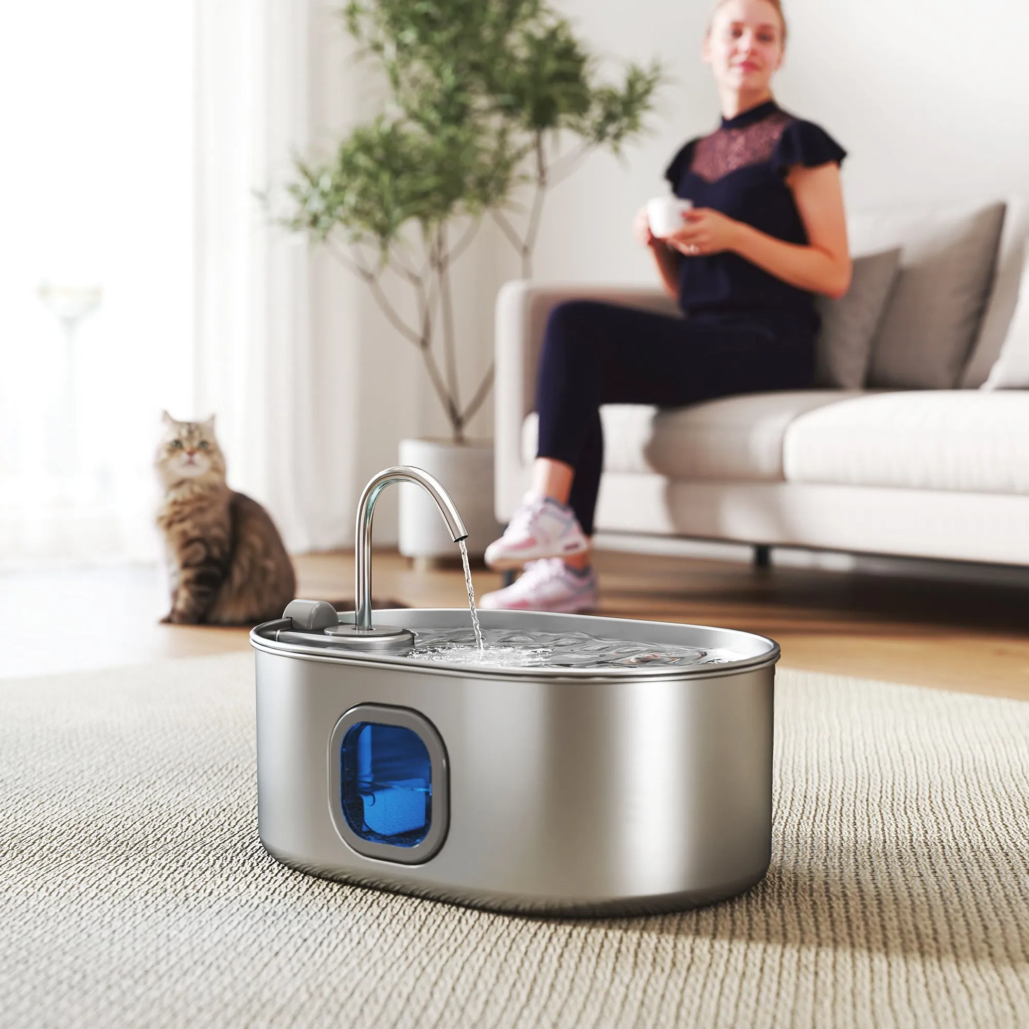 7L Cat Water Fountain with LED Light and Brush, 304 Stainless Steel, 32x22.1x22.3 cm, Silver - Image 2