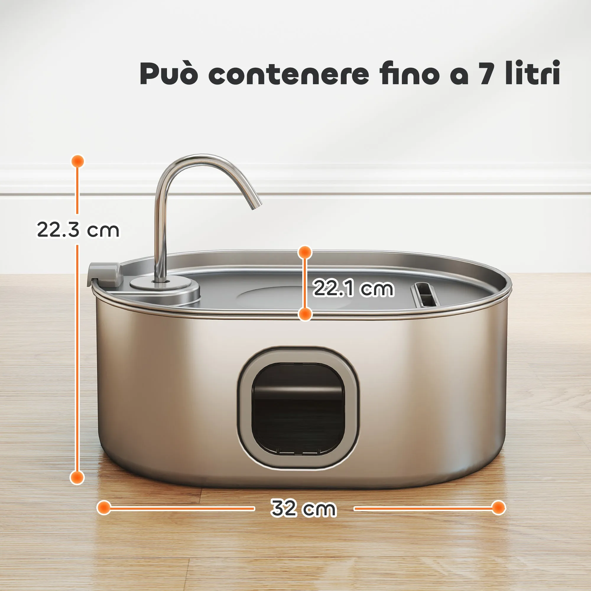 7L Cat Water Fountain with LED Light and Brush, 304 Stainless Steel, 32x22.1x22.3 cm, Silver - Image 3